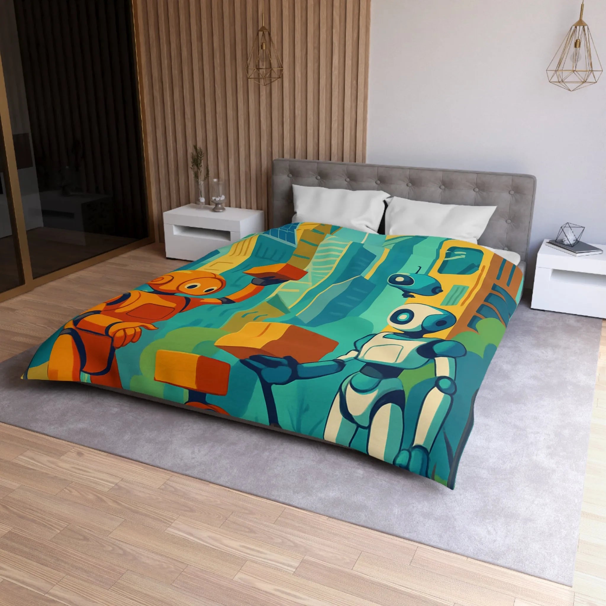 Housse de couette futuriste avec robots colorés dans une ville moderne lumineuse