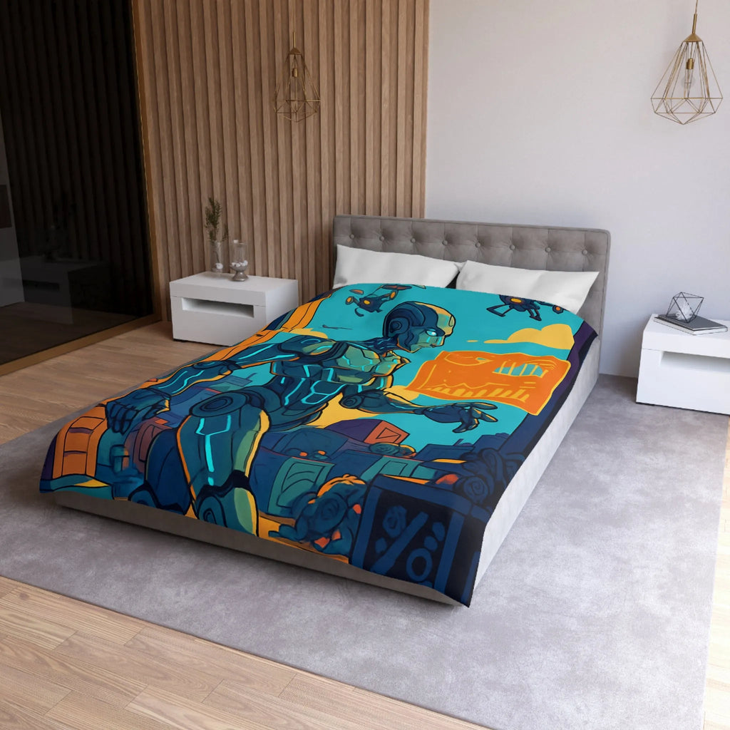 Housse de couette futuriste avec robot et drones, couleurs vives et graphiques modernes