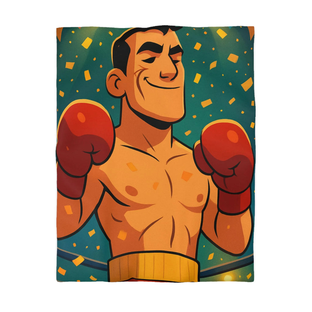 Housse de couette colorée avec boxeur en tenue rouge, ambiance festive dynamique