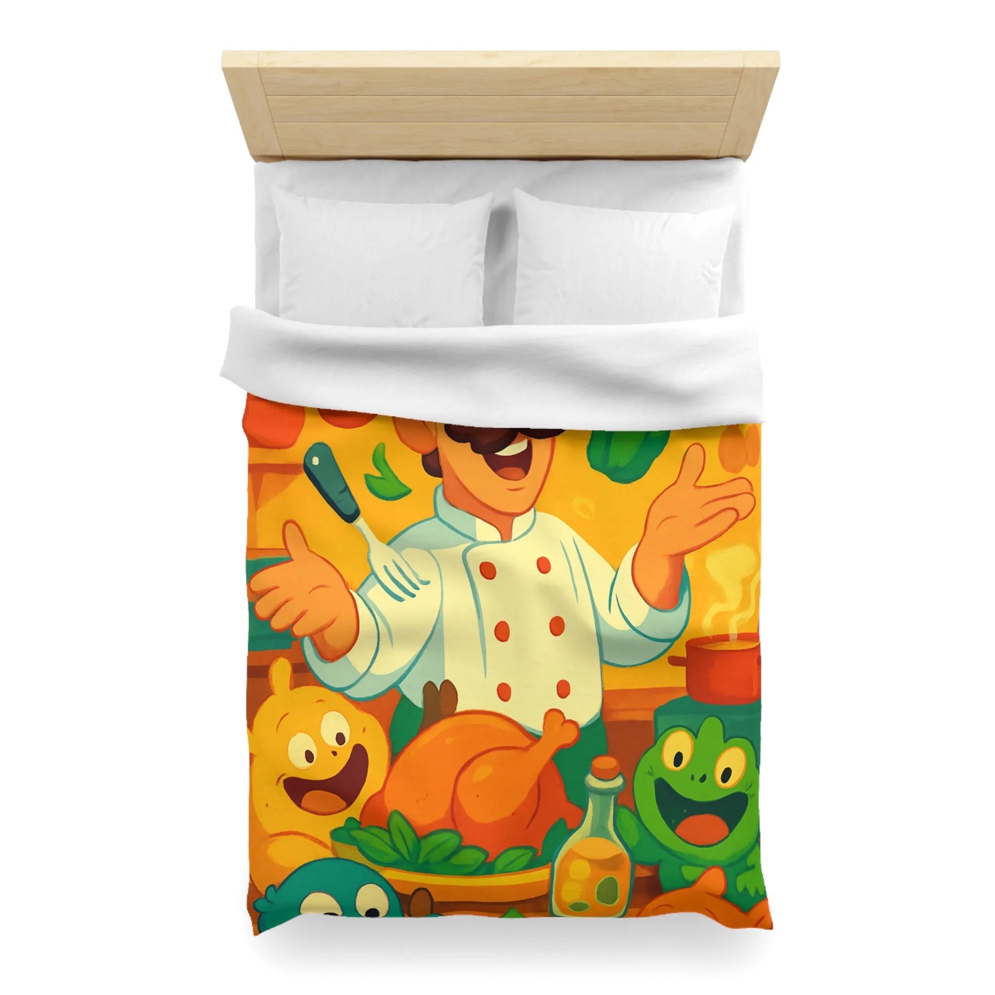 Housse de couette colorée avec chef animé, légumes et ustensiles pour enfants