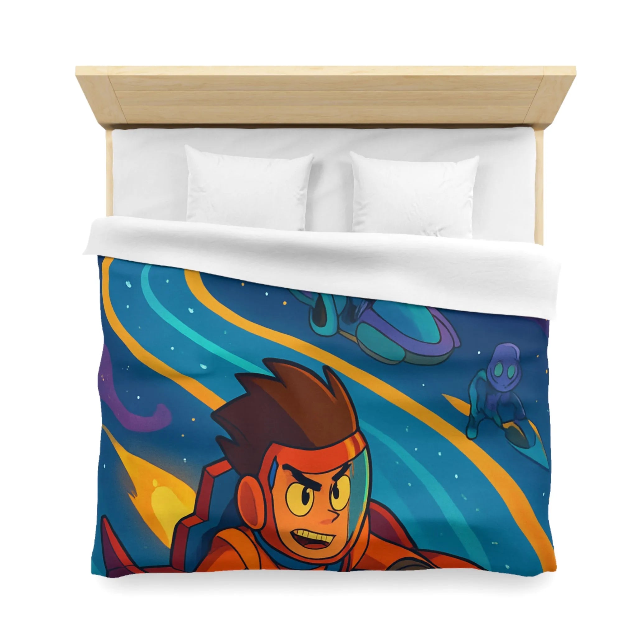 Housse de Couette Illustrée Espace avec Personnage et Vaisseaux pour Enfants Couleurs Vives