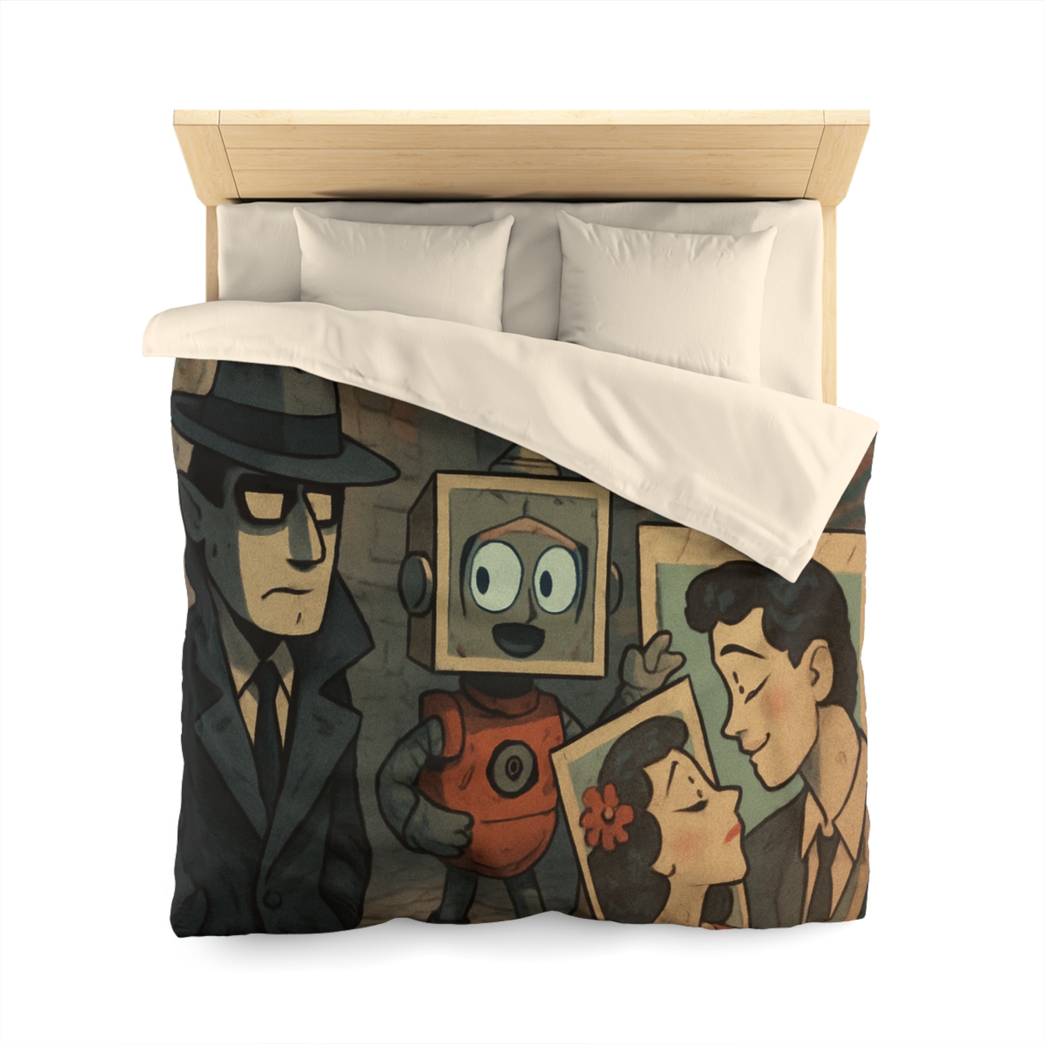 Housse de couette rétro robot vintage, style pop art, ambiance urbaine et romantique