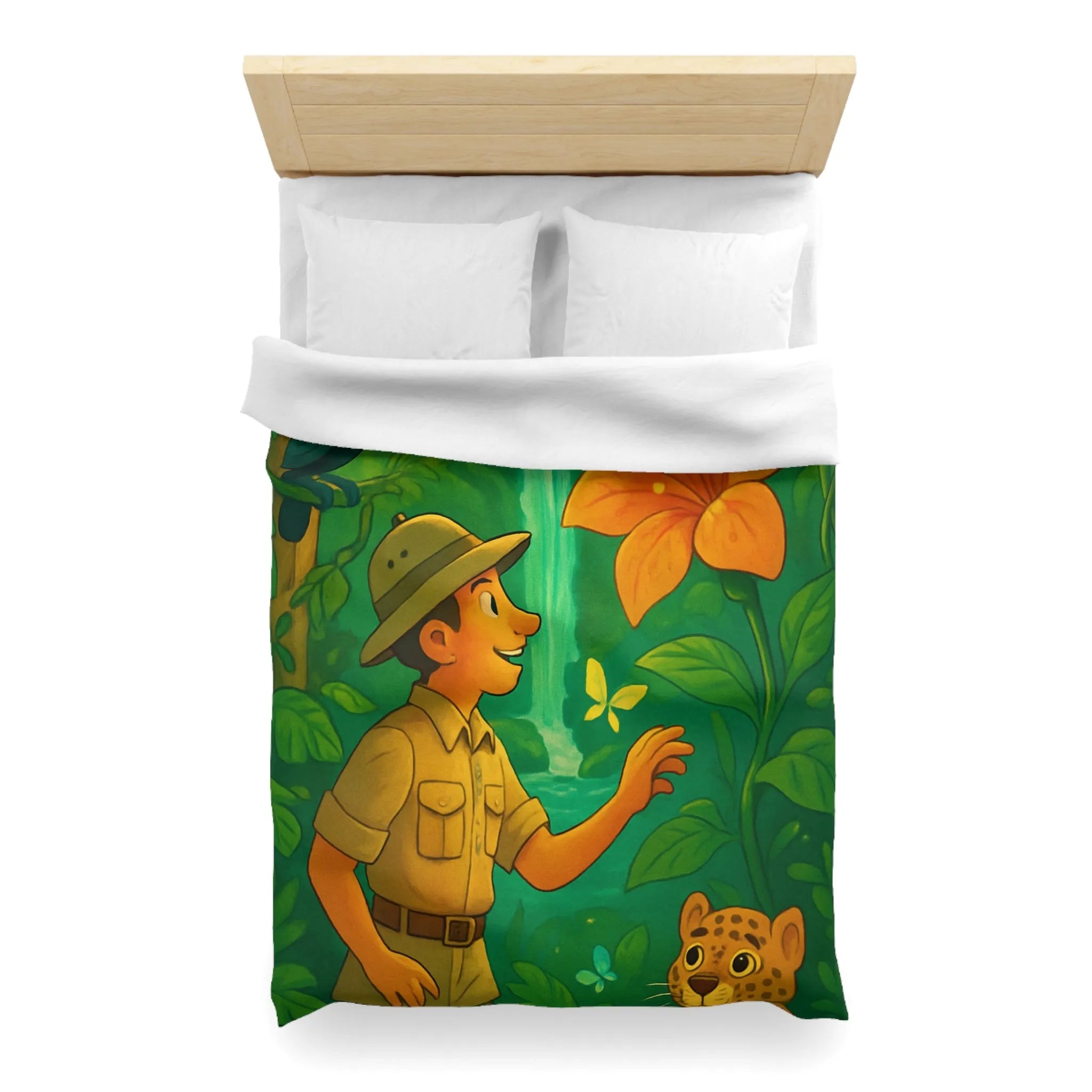 Housse de Couette Jungle Colorée avec Explorateur, Toucan, Léopard et Cascade Enchantée