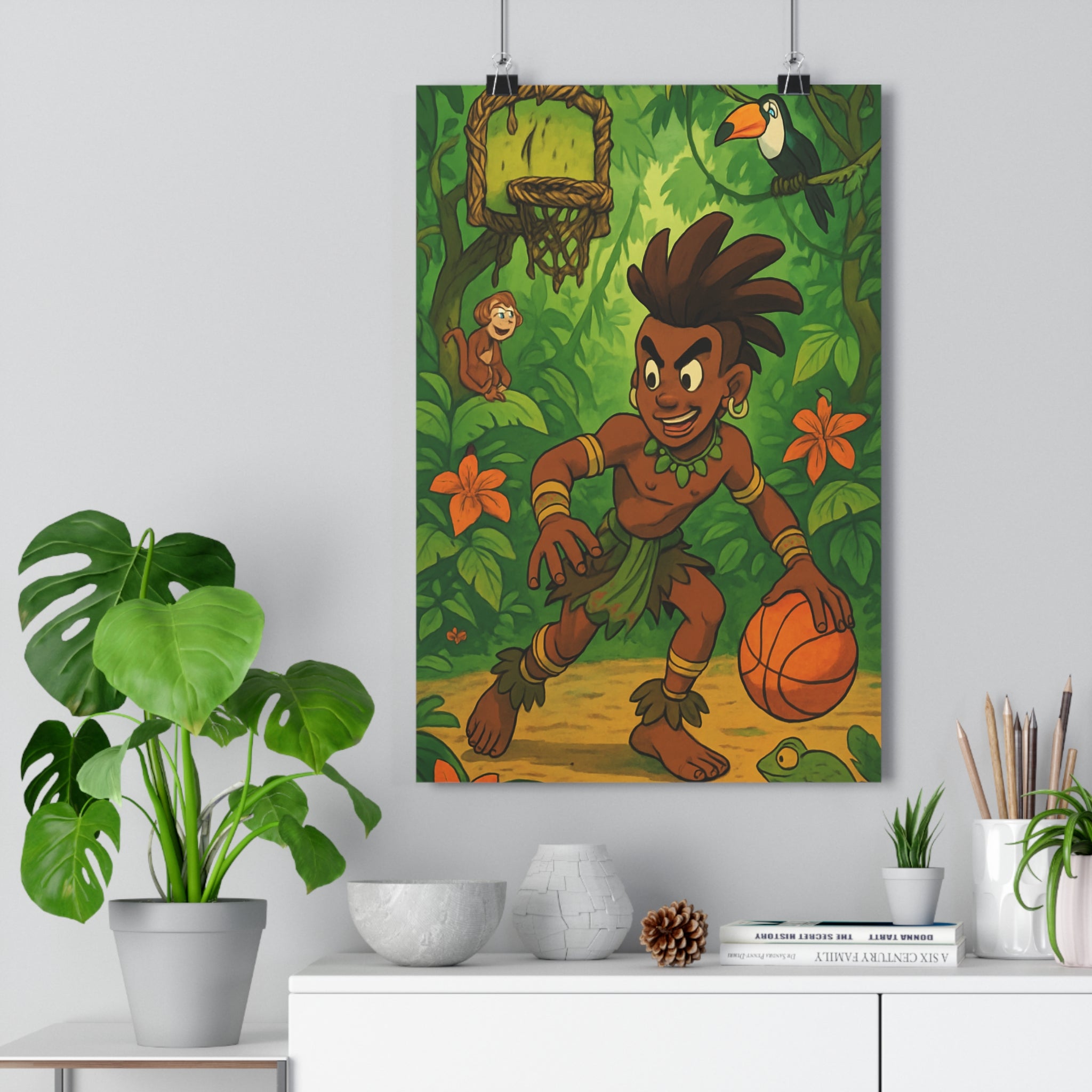 Poster décoratif jungle mystique aventure vert orange chambre enfant exotique 30x46 vivant stylisé animaux