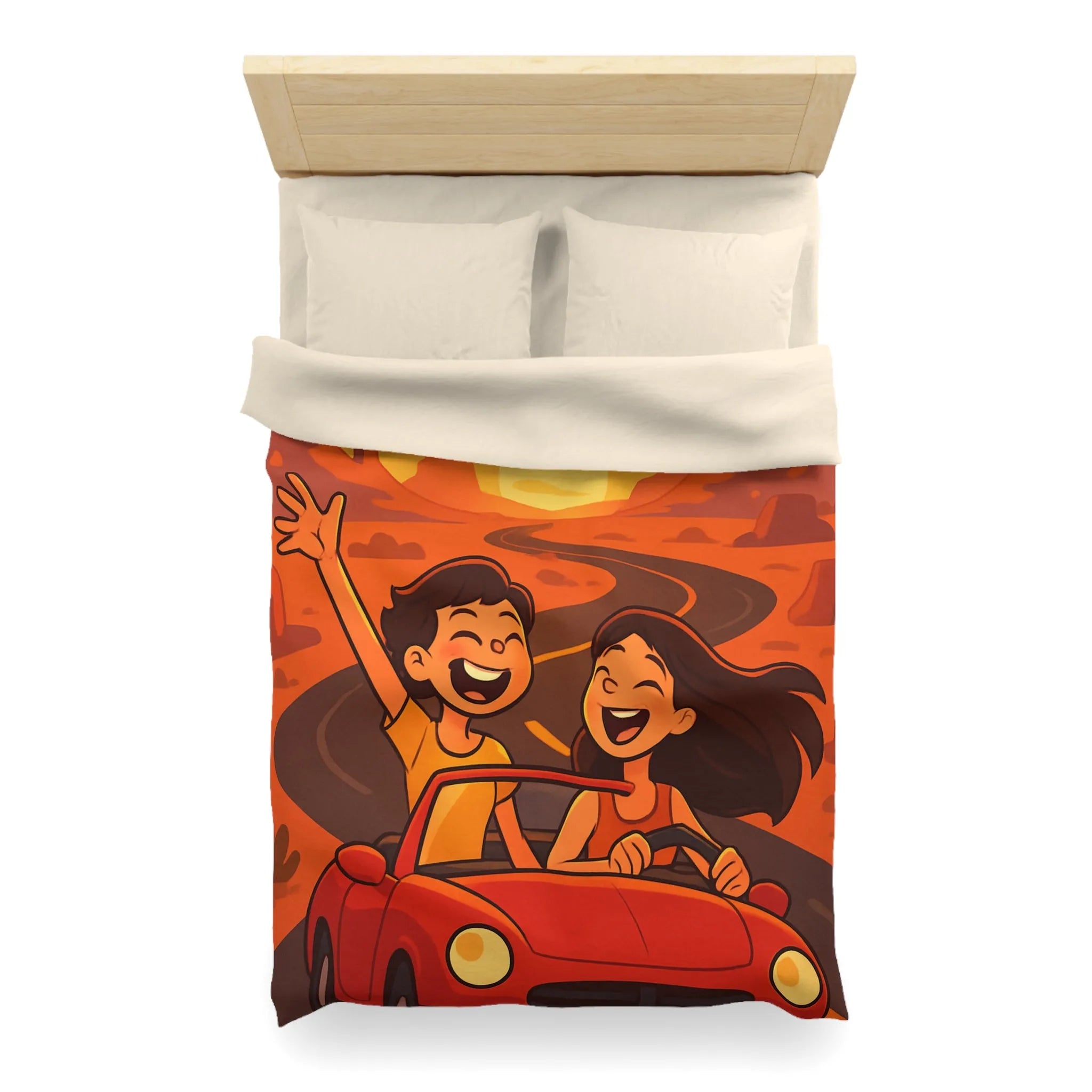 Aventure en voiture rouge dans un désert ensoleillé avec couple et aigle volant