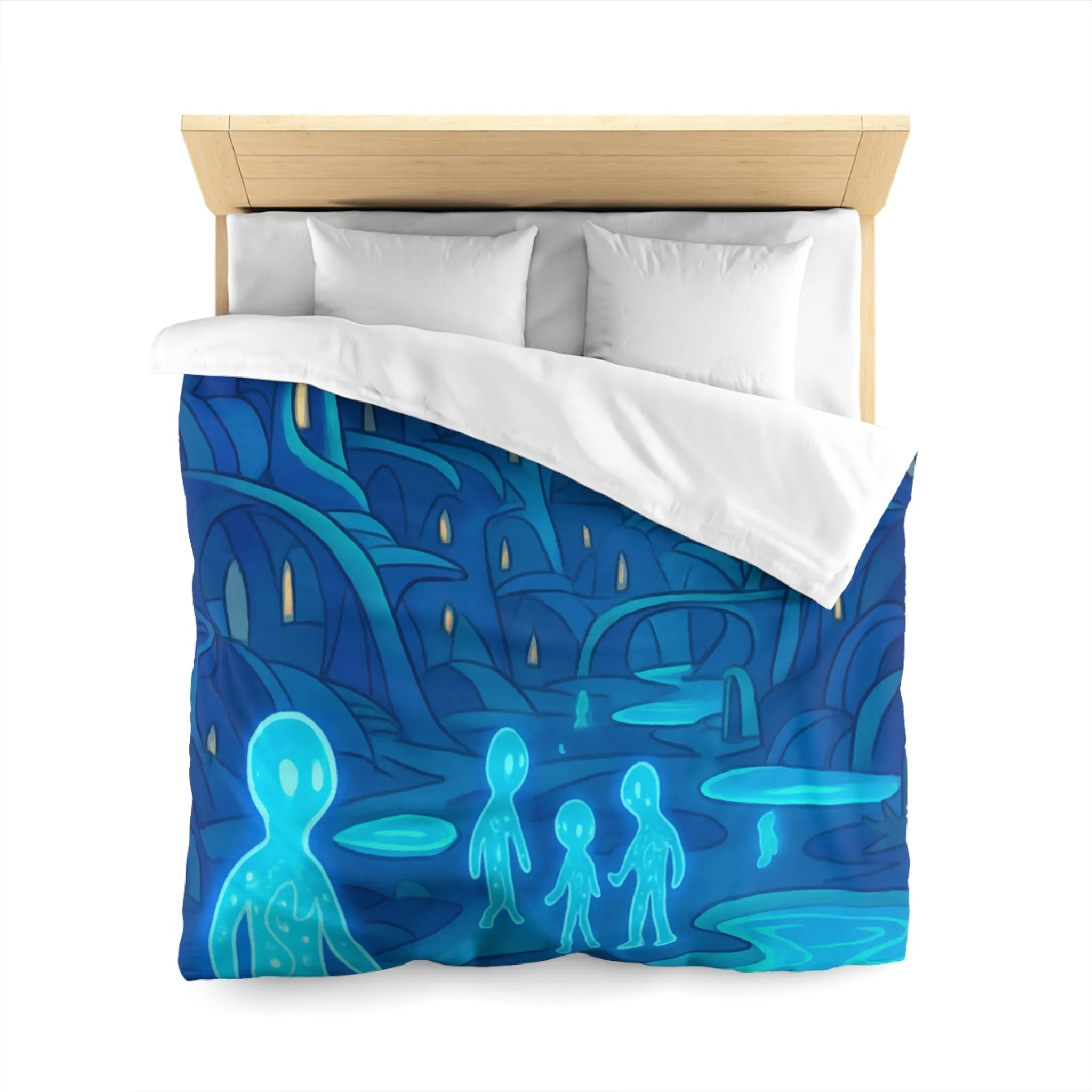 Housse de couette fantastique avec paysage extraterrestre, créatures lumineuses et lune mystique