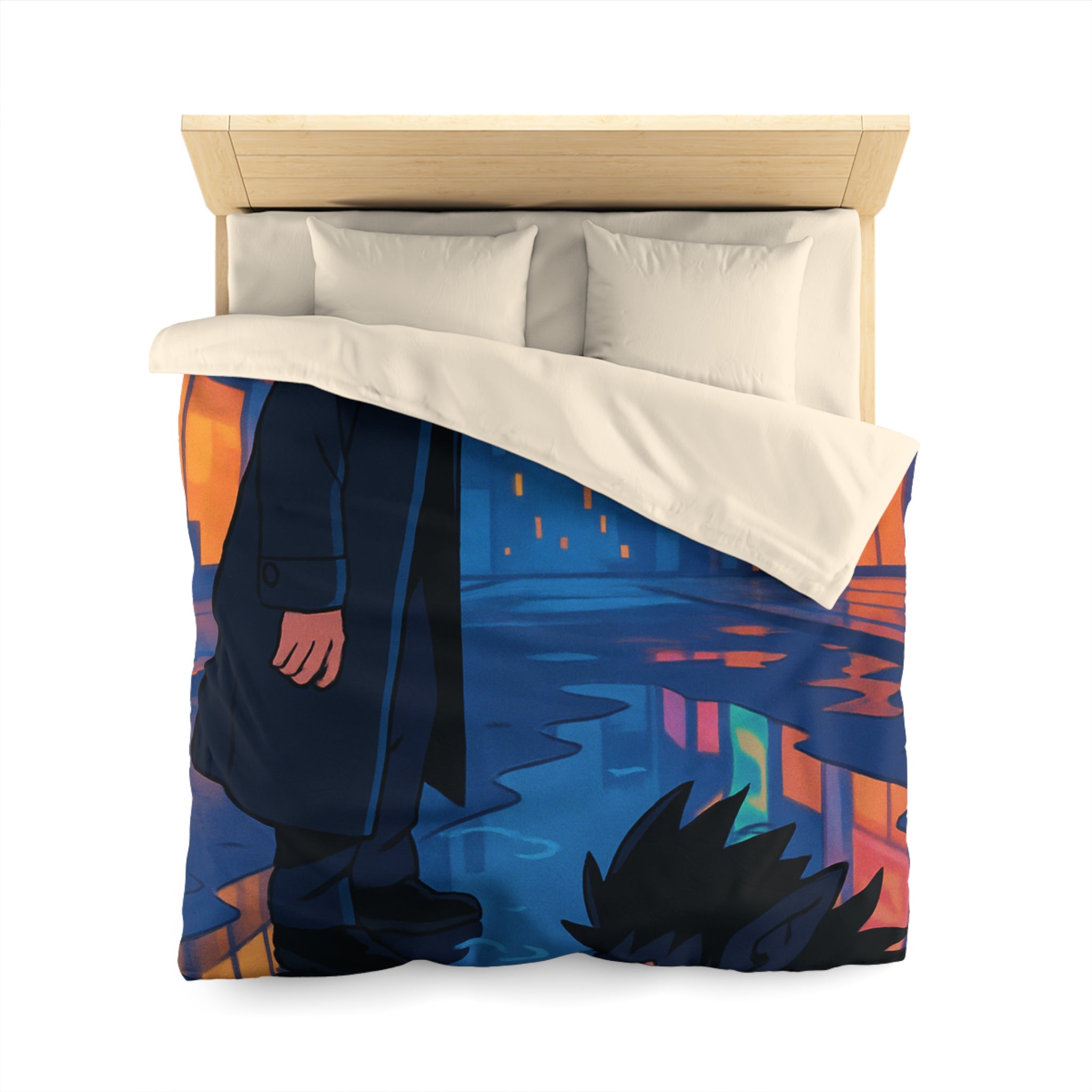 Housse de couette urbaine avec reflet mystérieux dans une rue animée la nuit