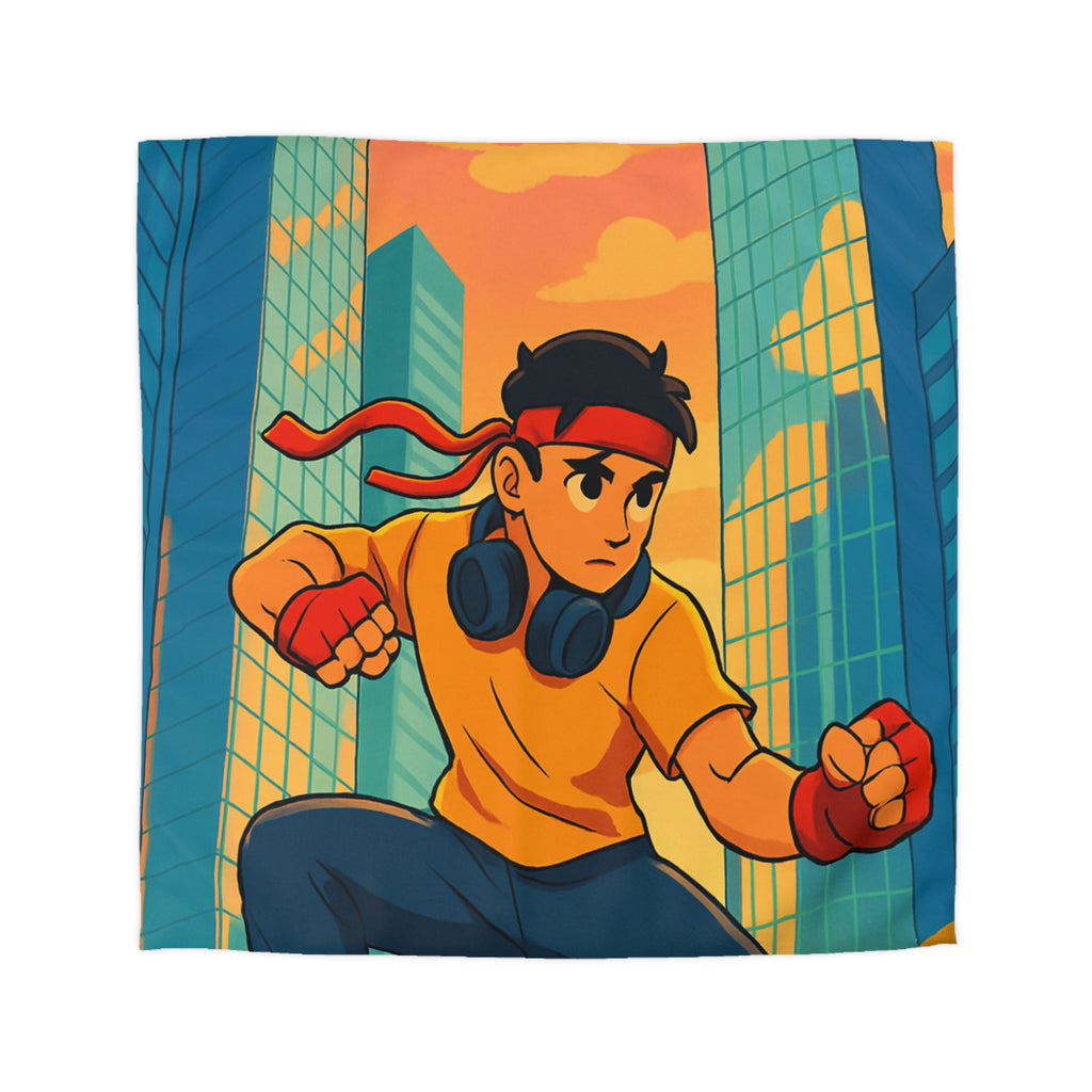 Housse de Couette Style Urbain Colorée avec Jeune Héros en Ville Moderne