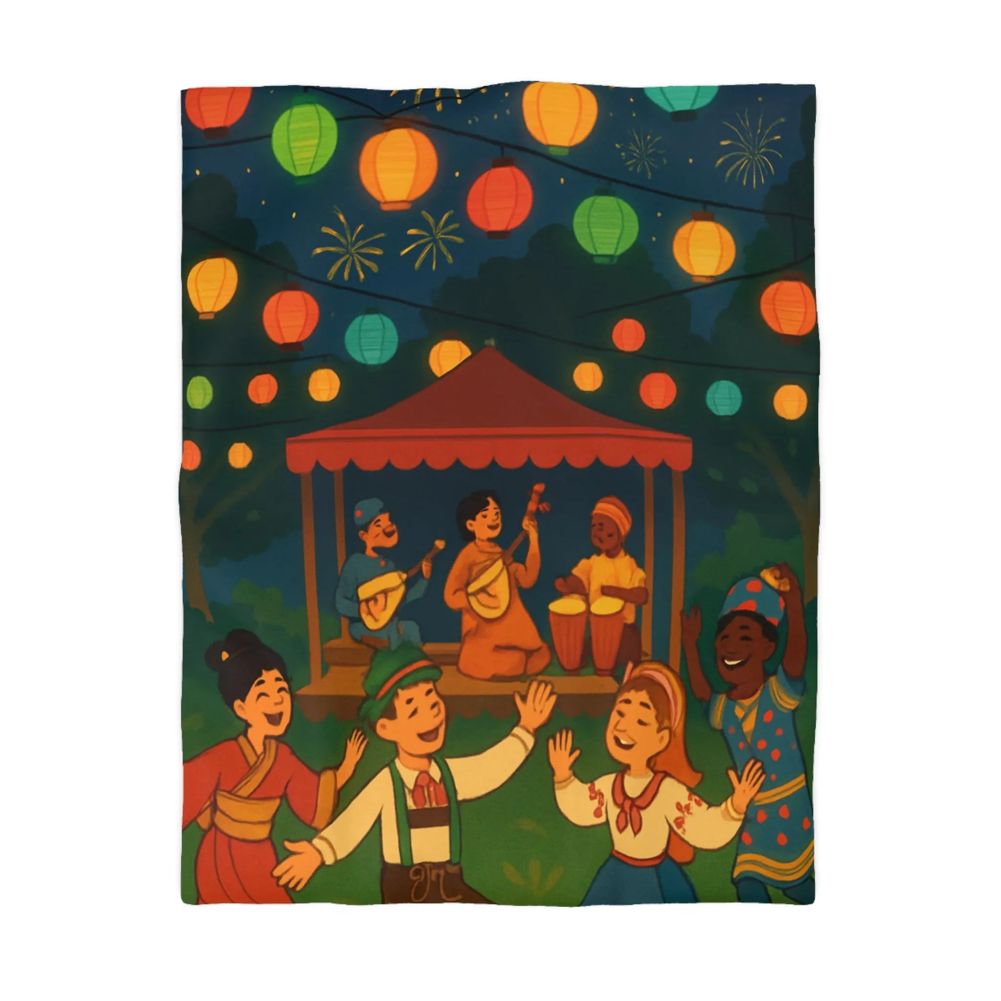 Housse de Couette Enfant Festive avec Lanternes Colorées et Scène de Musique en Plein Air