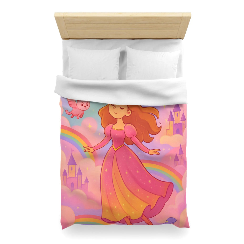 Housse de couette féerique avec princesse et animaux volants, arc-en-ciel pastel doux