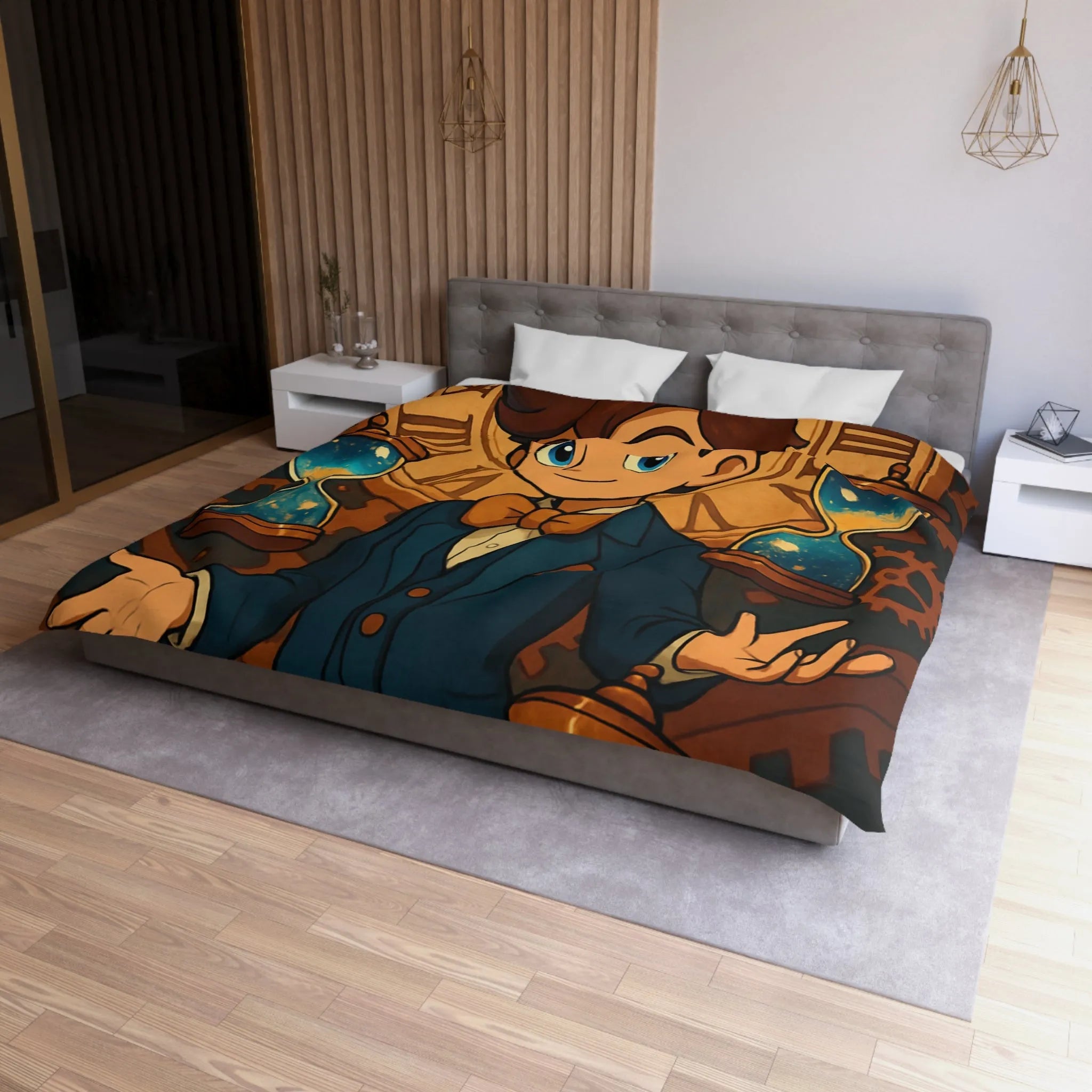 Élégante housse de couette thème horloger avec personnage stylisé et sabliers dorés