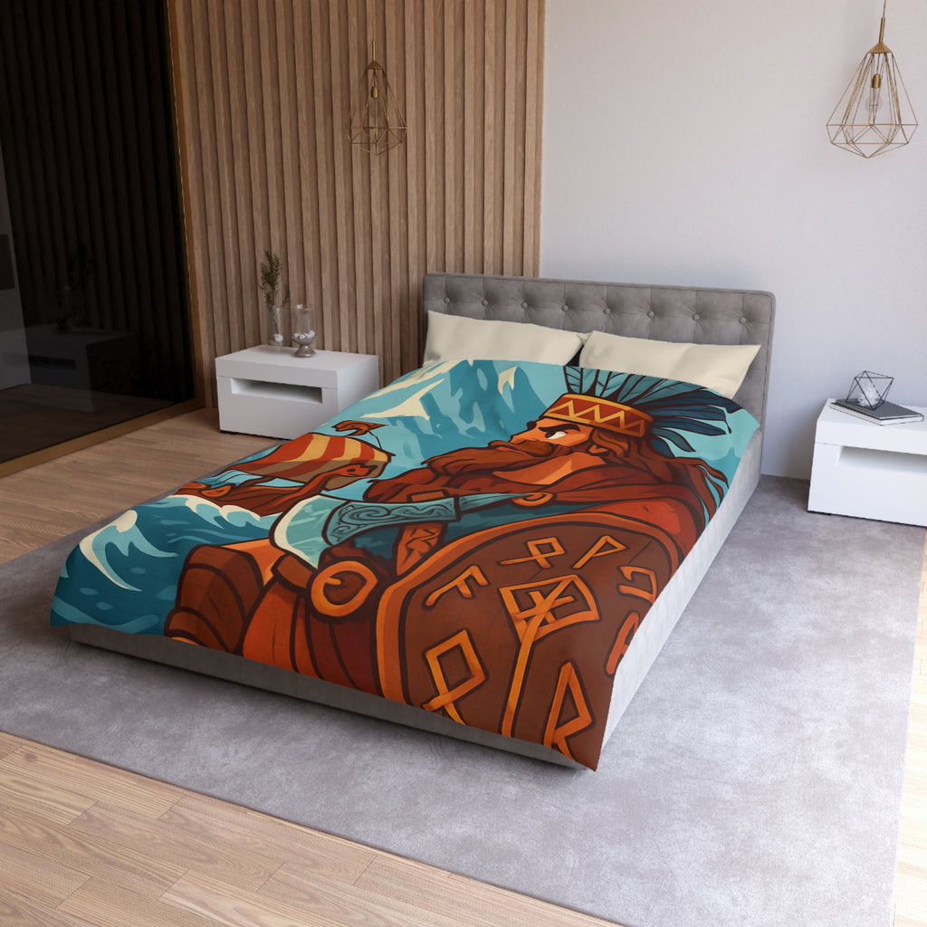 Housse de couette viking avec guerrier, montagne, navire, mer, motifs runiques