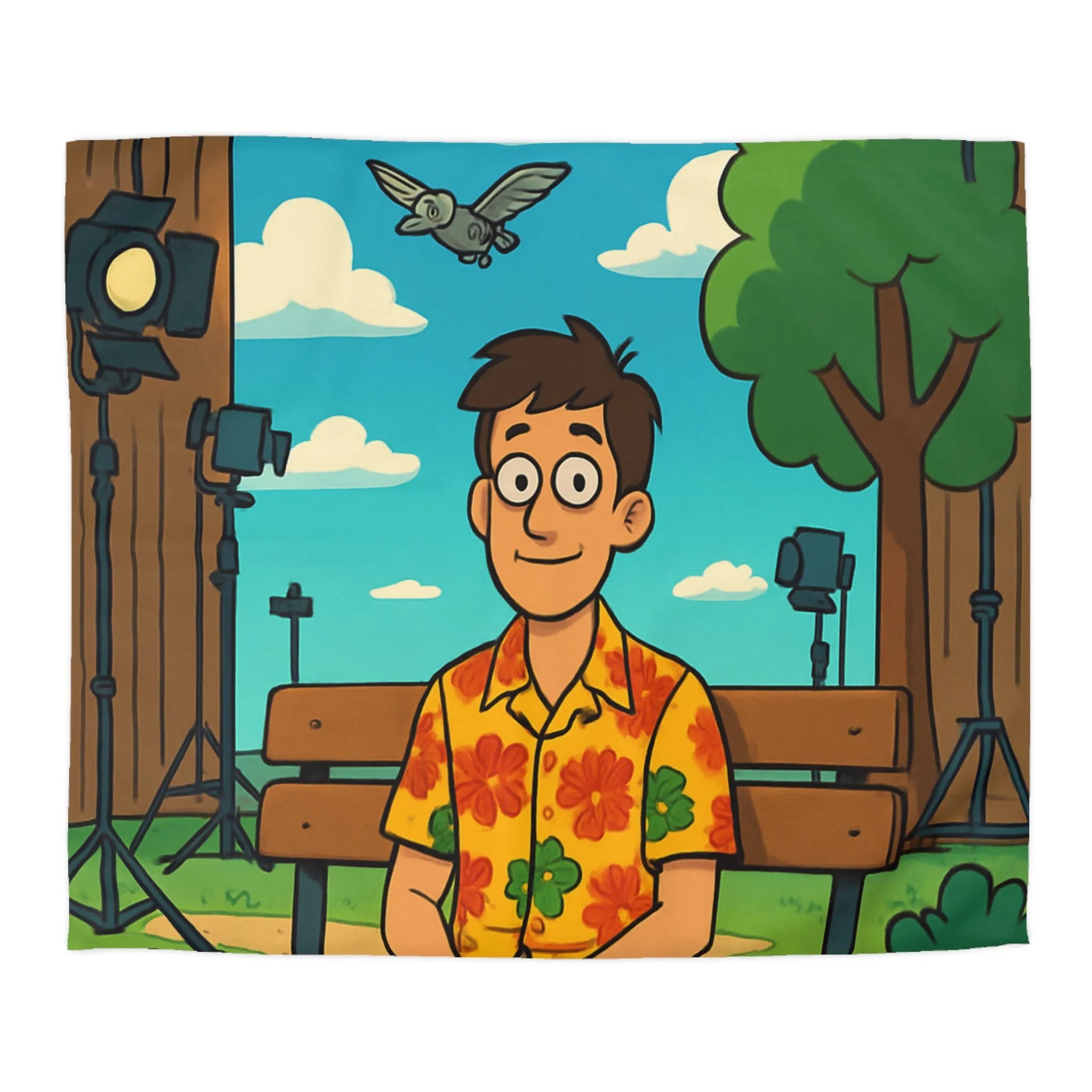 Housse de couette amusante avec motif de banc, homme et oiseaux volants