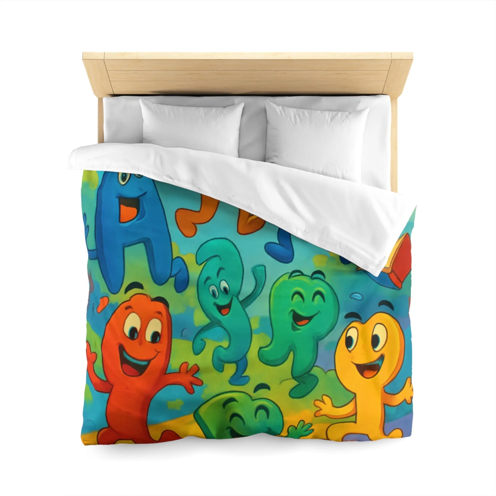 Housse de couette colorée avec lettres animées dans un paysage ludique et éducatif