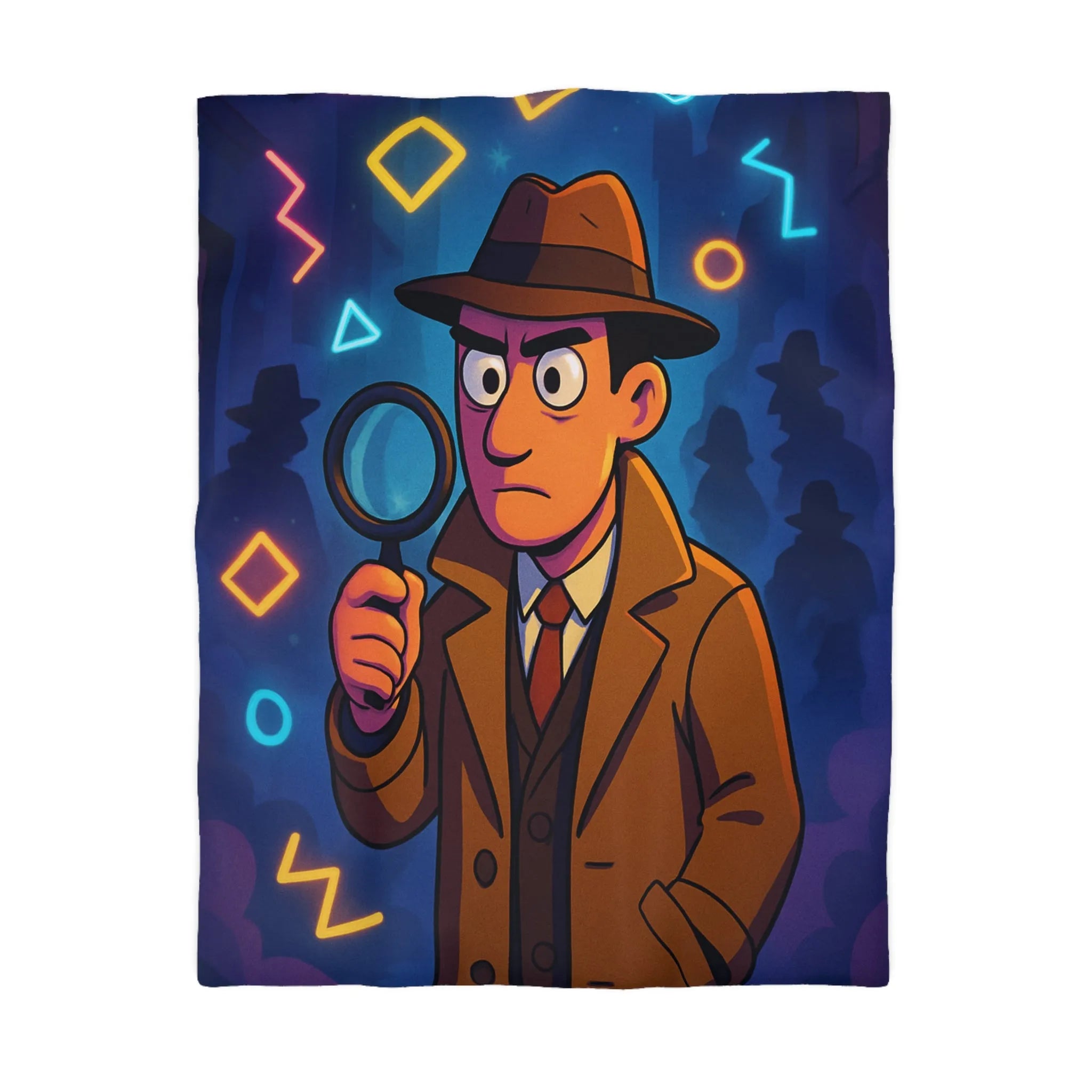 Housse de couette détective rétro avec formes géométriques colorées et ambiance nocturne mystérieuse