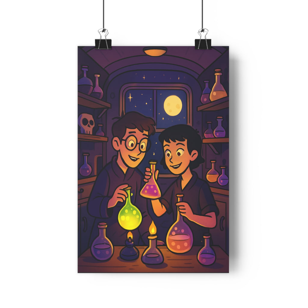 Poster décoratif bande dessinée nocturne mystique personnages laboratoire potions couleurs vives pleine lune ambiance