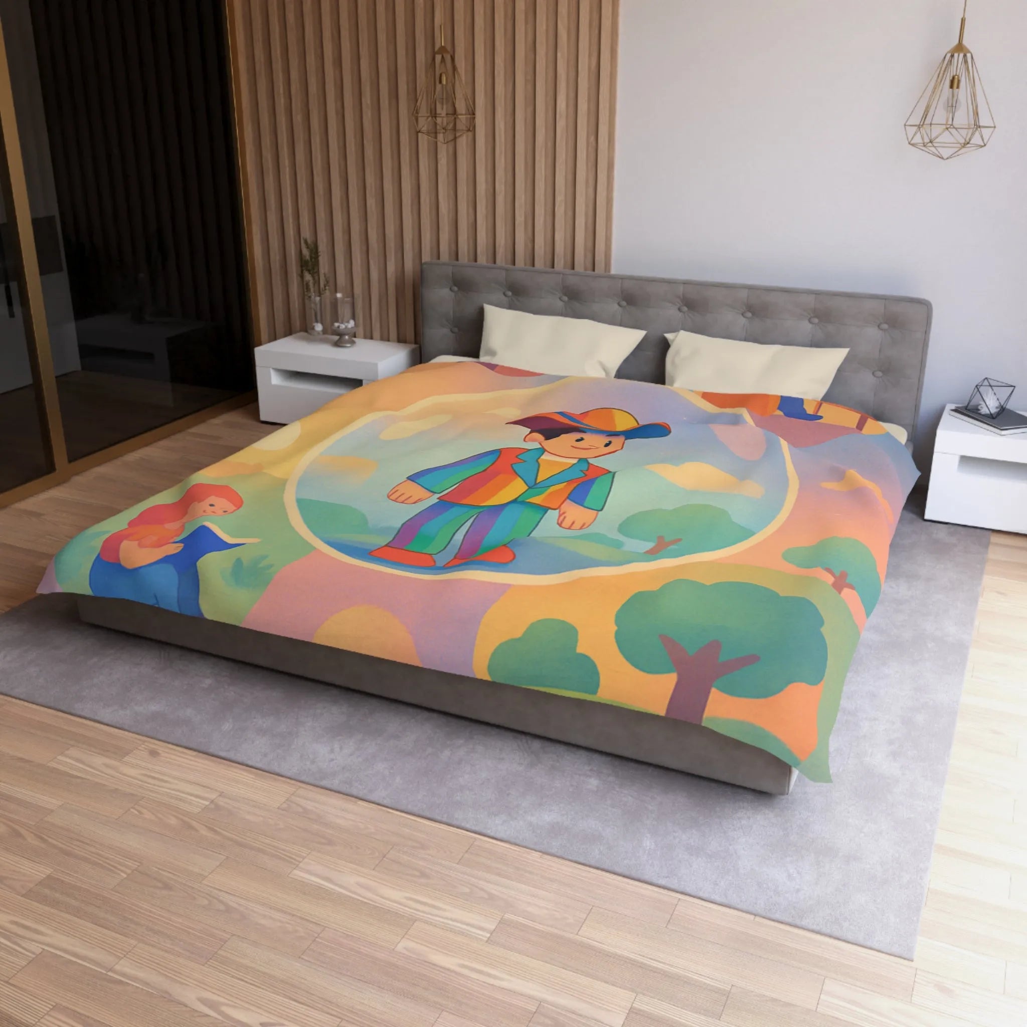 Housse de couette aux motifs rêveurs de personnages dans des bulles colorées et apaisantes