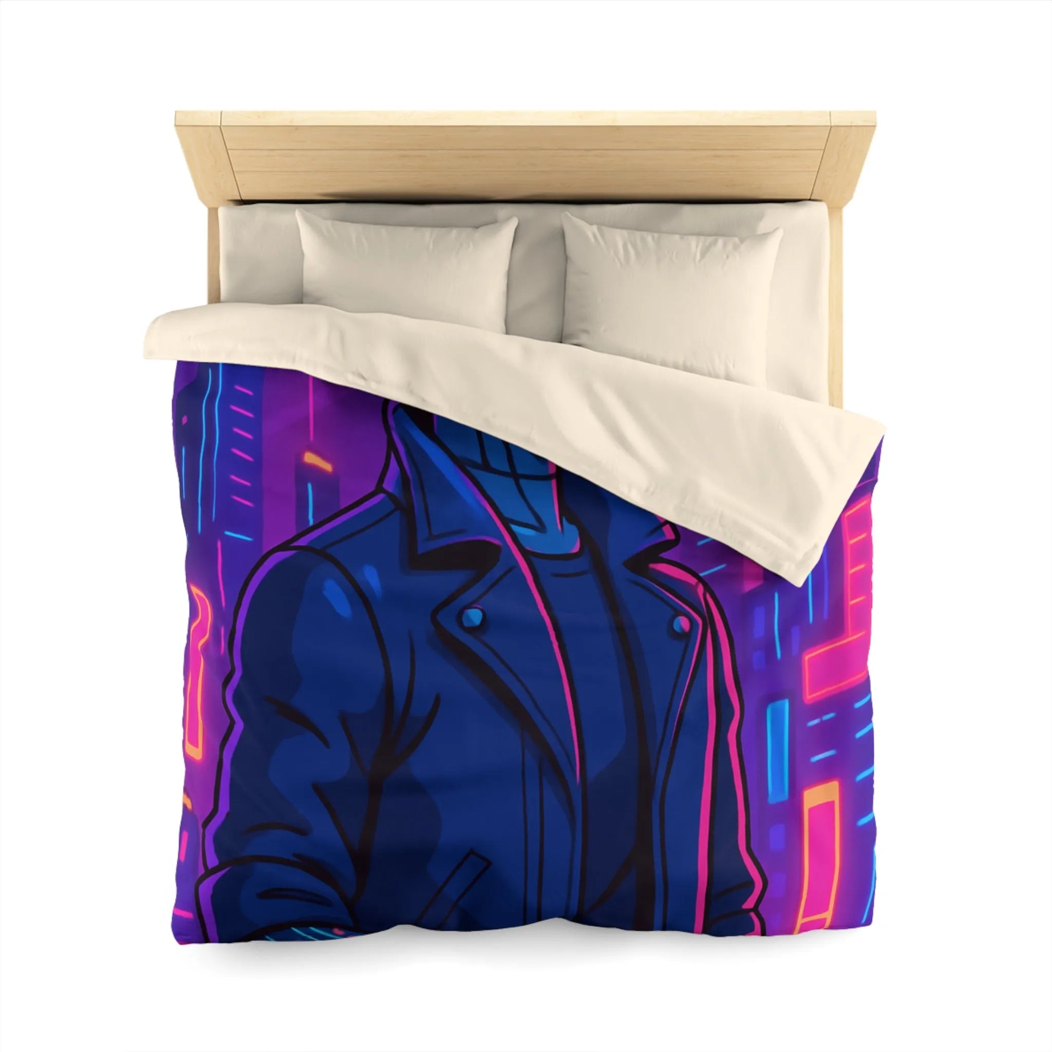 Housse de couette bleu nuit motif rétro-futuriste avec robot et gratte-ciel néon