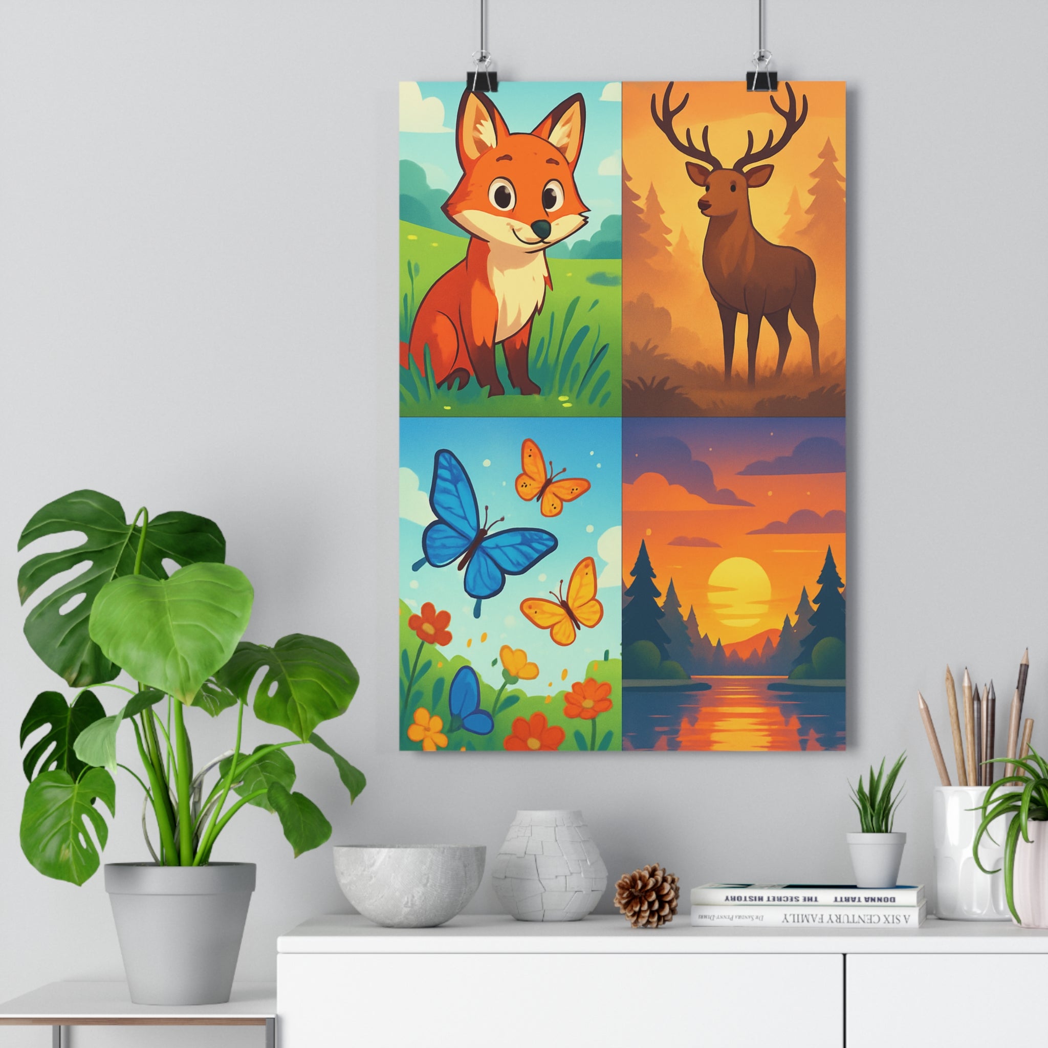 Poster décoratif dessin animé vibrant coloré renard cerf papillon nature joyeux salon chambre enfant