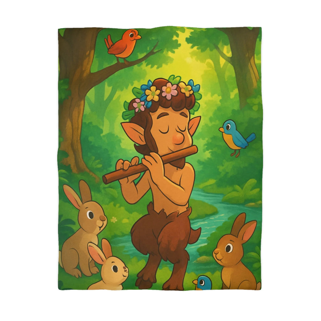 Housse de couette enchantée avec faune légendaire jouant de la flûte au milieu des bois