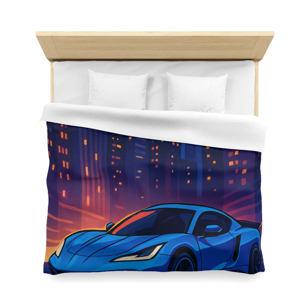 Housse de couette avec voiture bleue moderne et paysage urbain éclairé la nuit