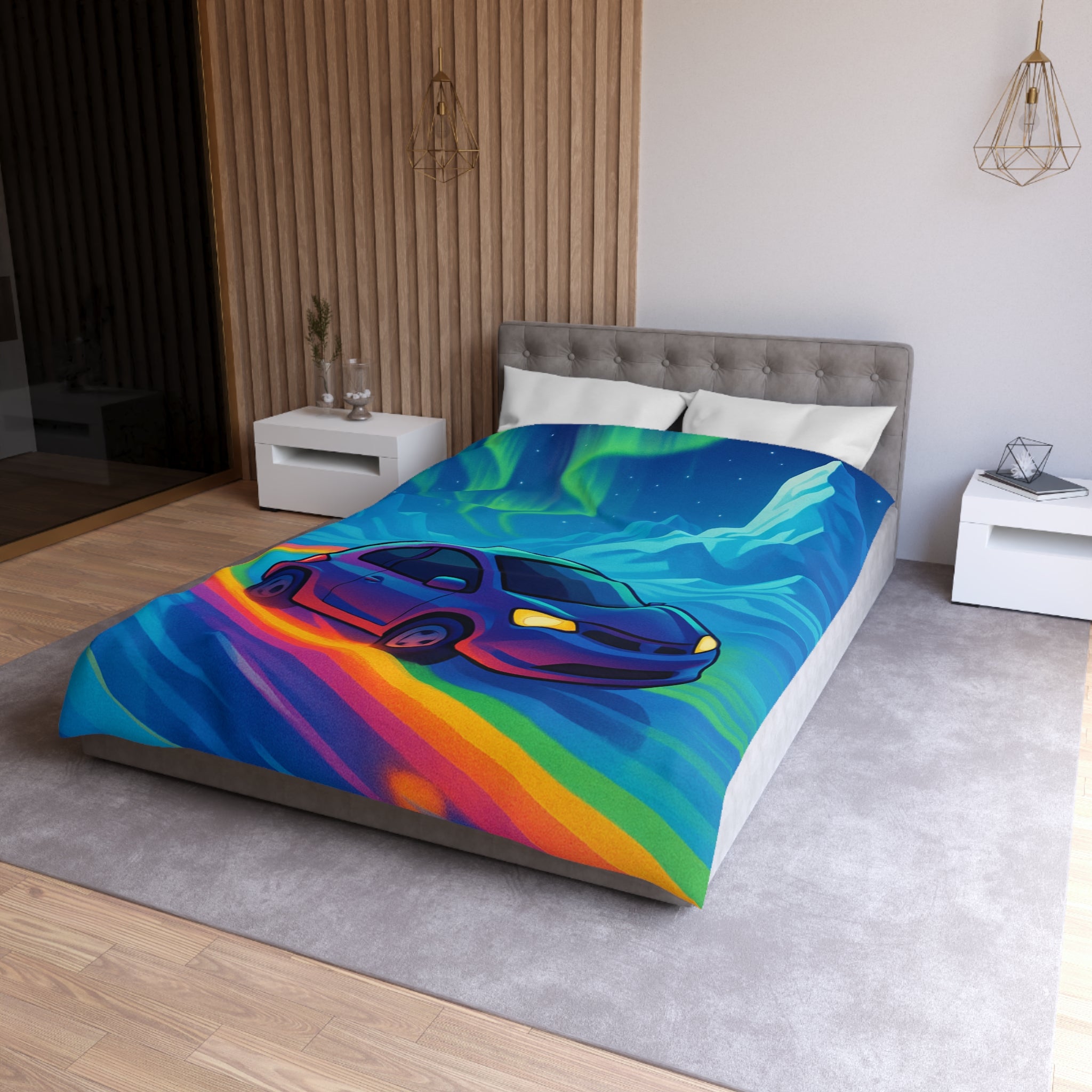 Housse de couette paysage polaire voiture et aurore boréale en couleurs éclatantes