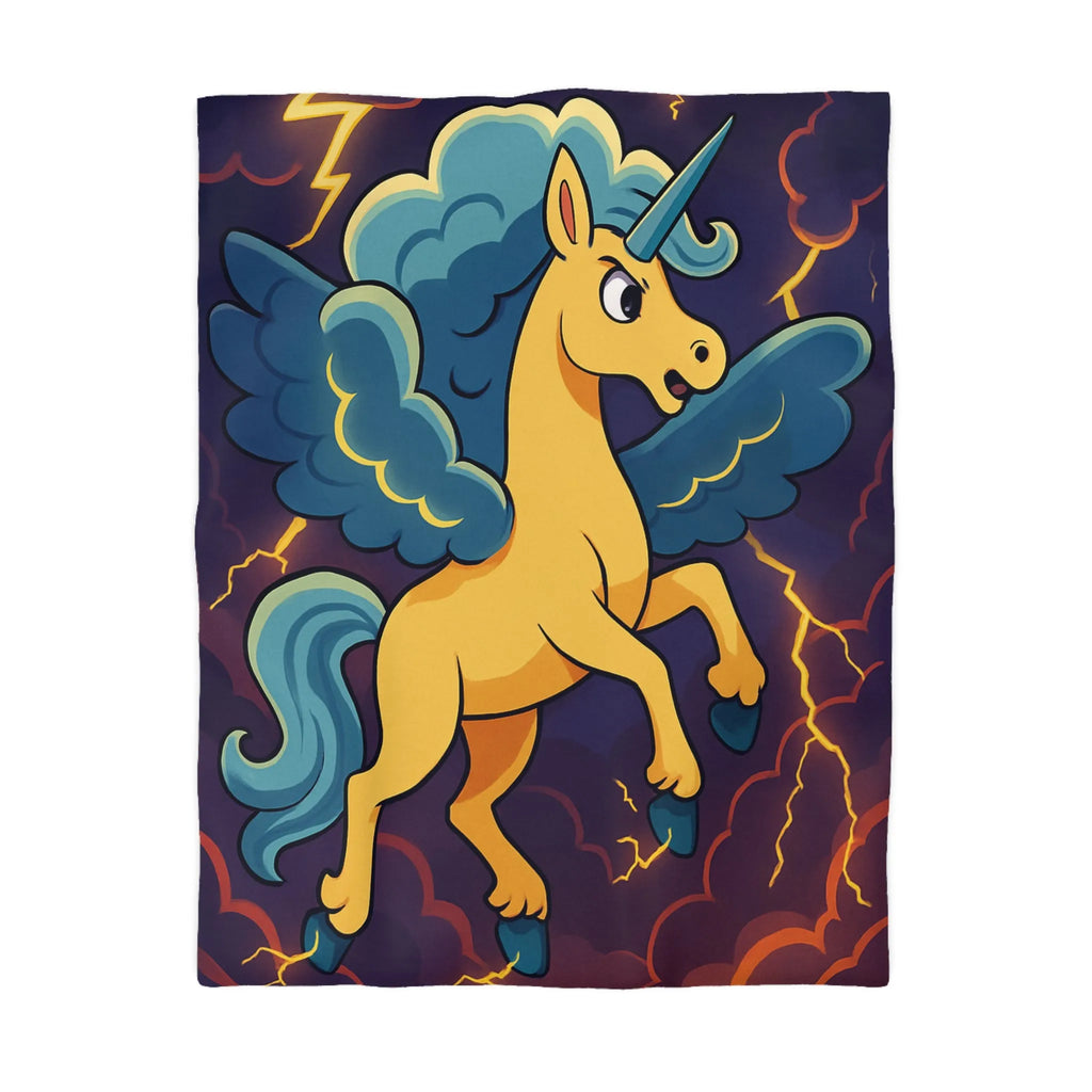Housse de Couette Fantaisie Licorne Ailée avec Nuages Orageux et Éclairs Majestueux