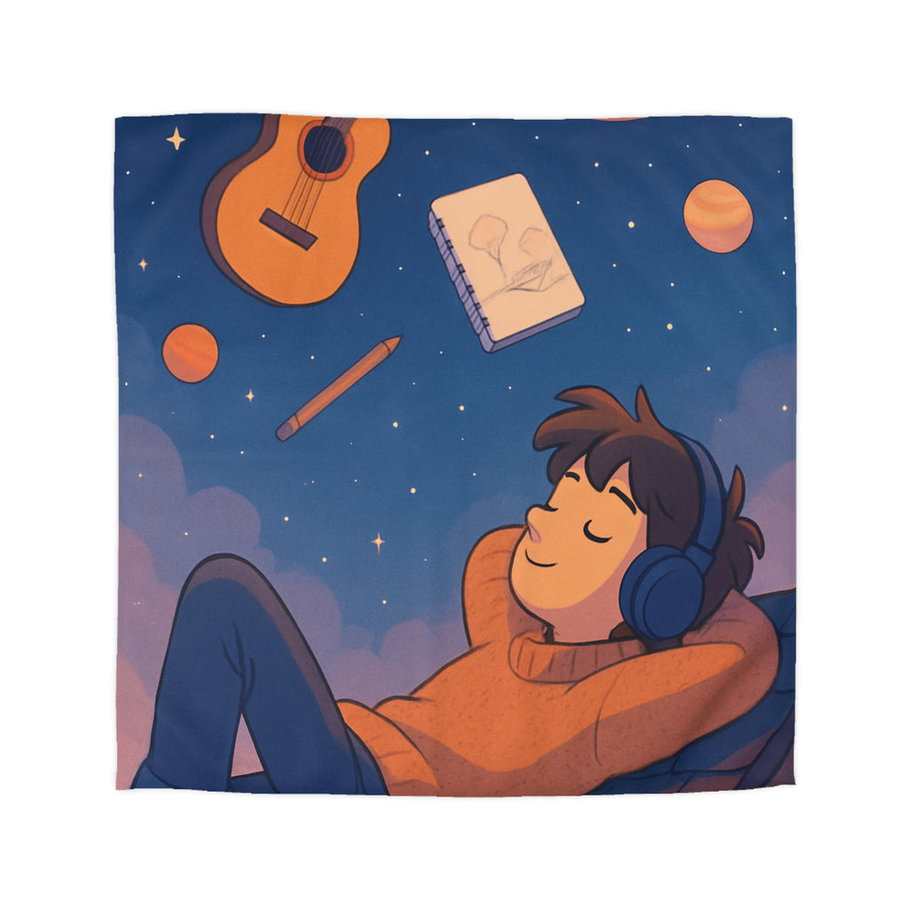 Housse de couette rêve étoilé avec guitare, planètes et rêverie d'artiste