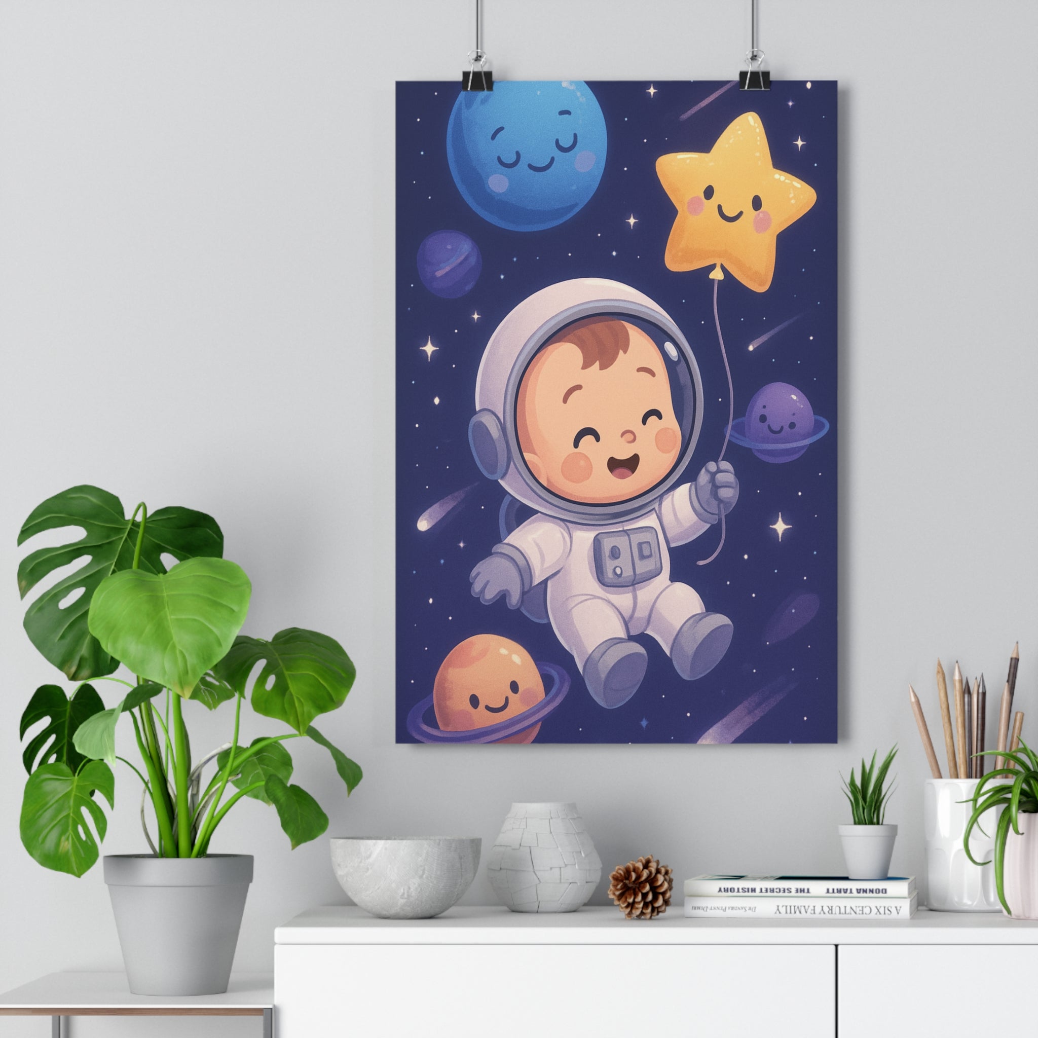 Poster décoratif bébé astronaute galaxie magique adorable enfant chambre joyeux étoile planète ambiance douce