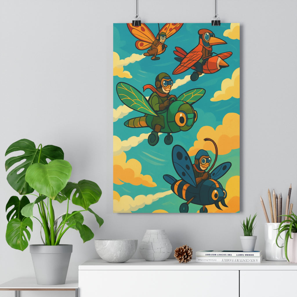 Poster décoratif cartoon joyeux bleu vert jaune aventure chambre enfant salon unique original design