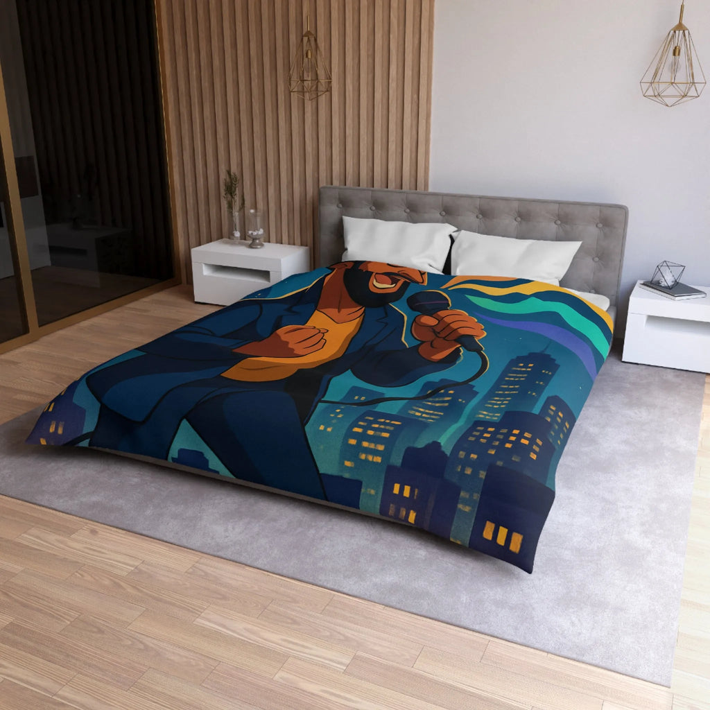 Housse de couette artistique : chanteur vibrant avec coucher de soleil et gratte-ciels