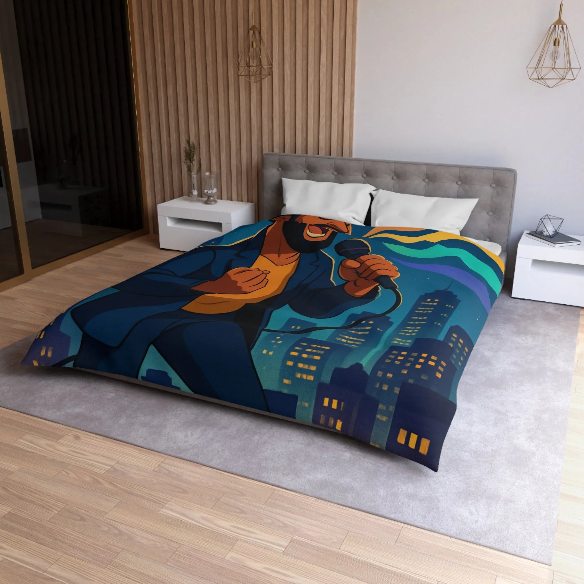 Housse de couette artistique : chanteur vibrant avec coucher de soleil et gratte-ciels