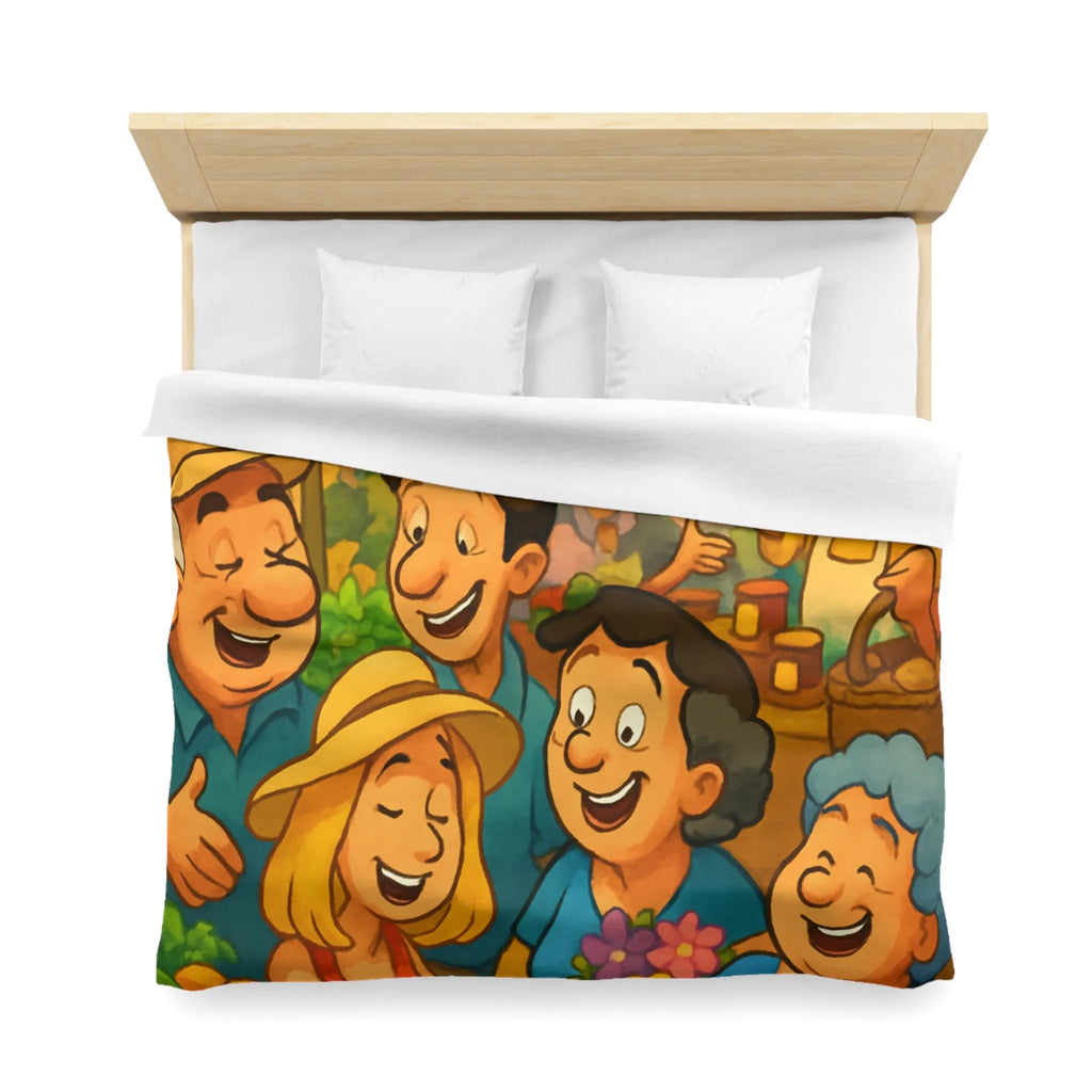 Housse de couette avec illustration joyeuse d'un marché animé et coloré