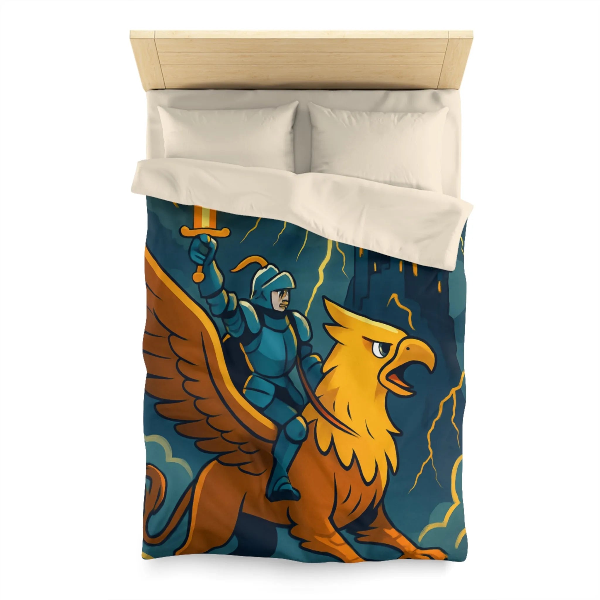 Housse de Couette Fantaisie avec Chevalier et Griffon Volant Devant Château Mystérieux
