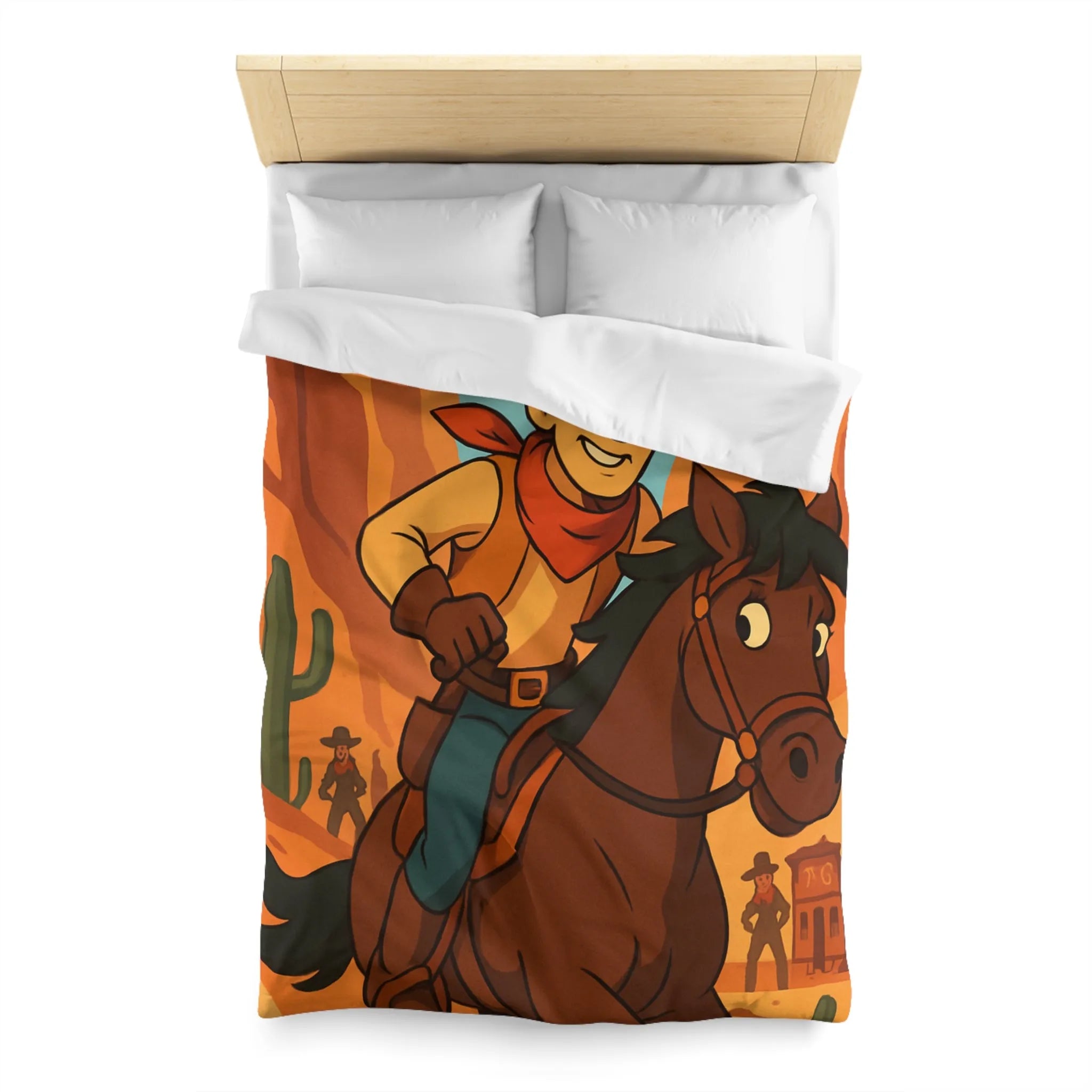 Housse de couette avec cavalier de dessin animé dans paysage désertique occidental