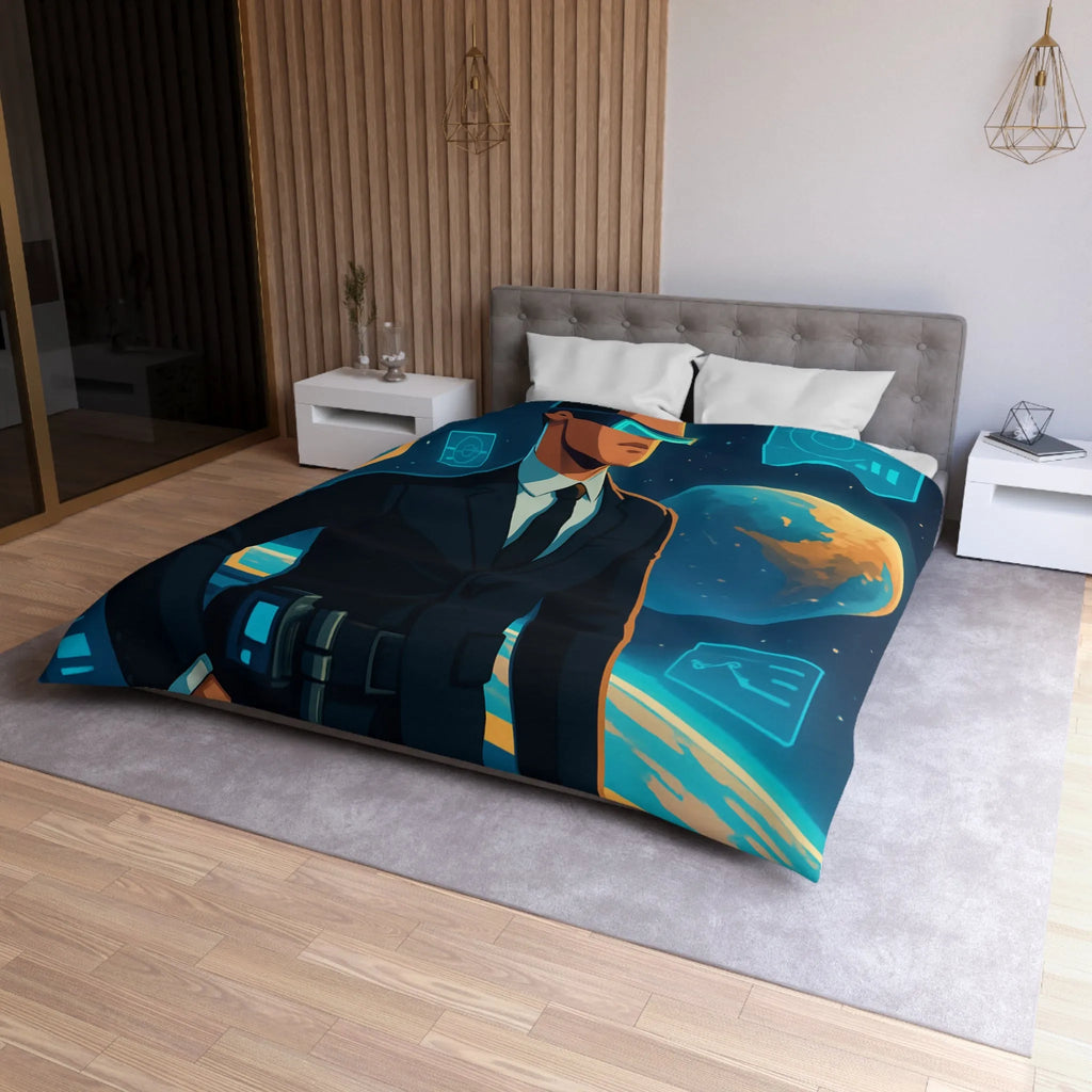 Housse de couette futuriste avec agent spatial et paysages cosmiques numériques immersifs