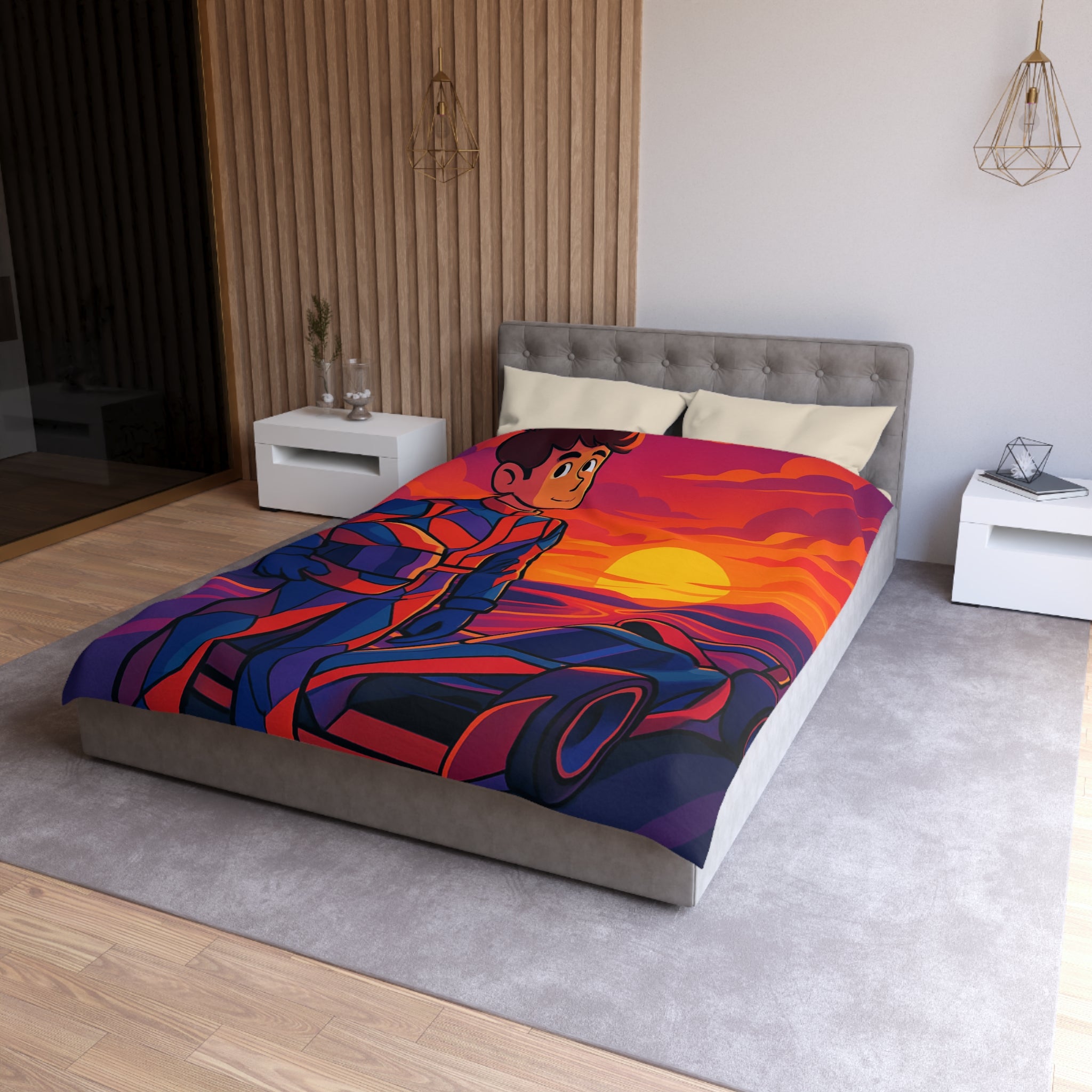 Housse de couette motif pilote de course et voiture au coucher du soleil vibrant