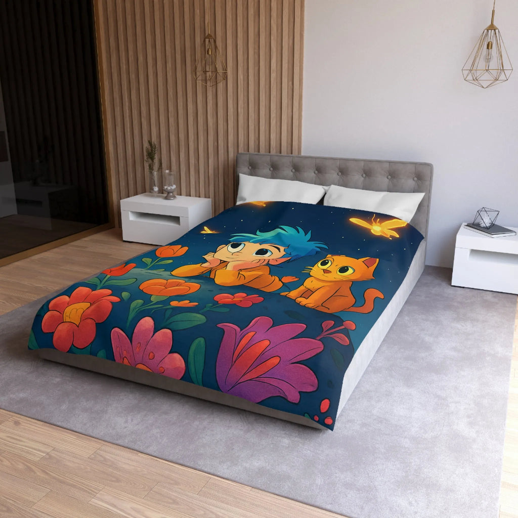 Housse de Couette Enfant Émerveillé Observant Papillons Lumineux sous Ciel Étoilé