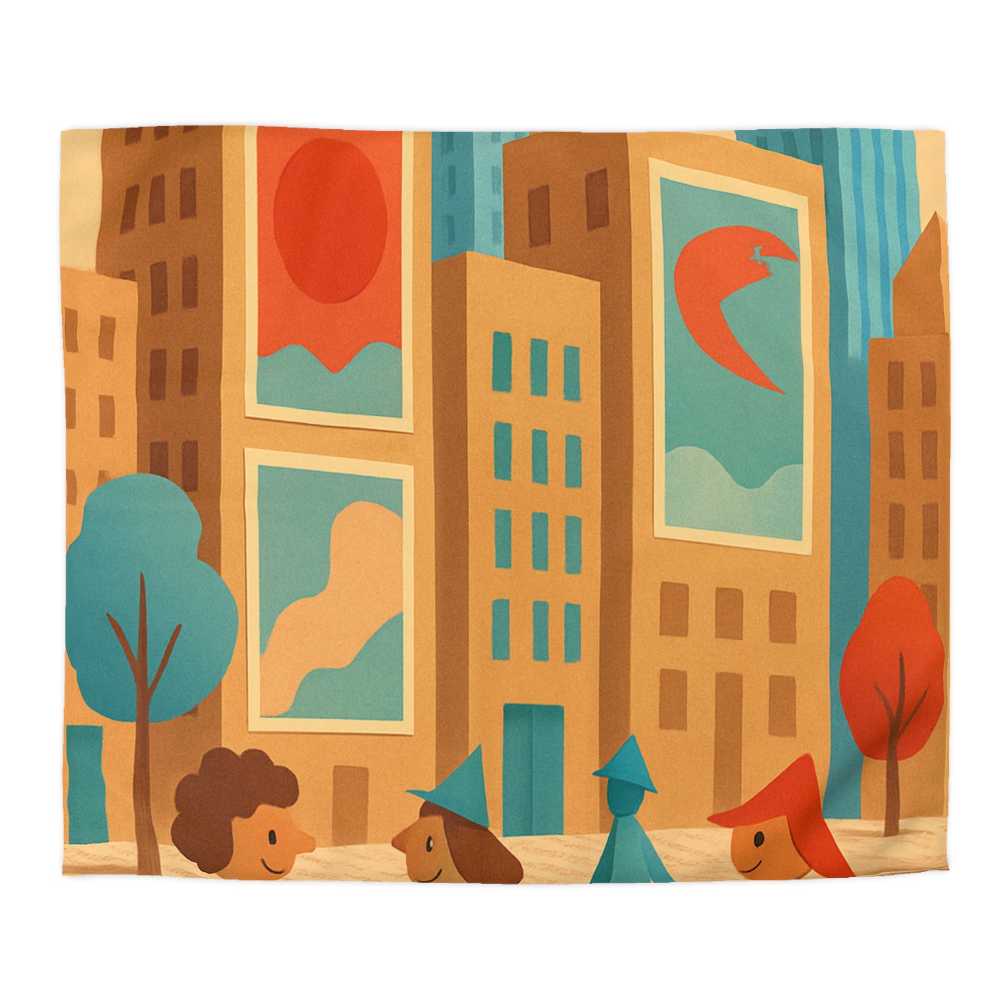 Housse de couette urbaine vintage : architecture colorée, silhouettes géométriques, ambiance rétro joyeuse