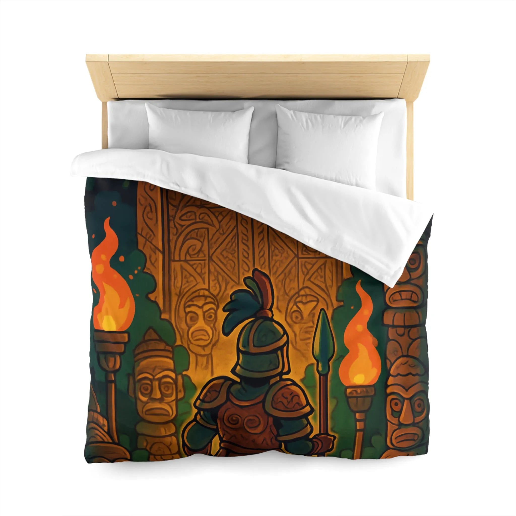 Housse de couette guerrier devant porte mystique avec torches et statues anciennes