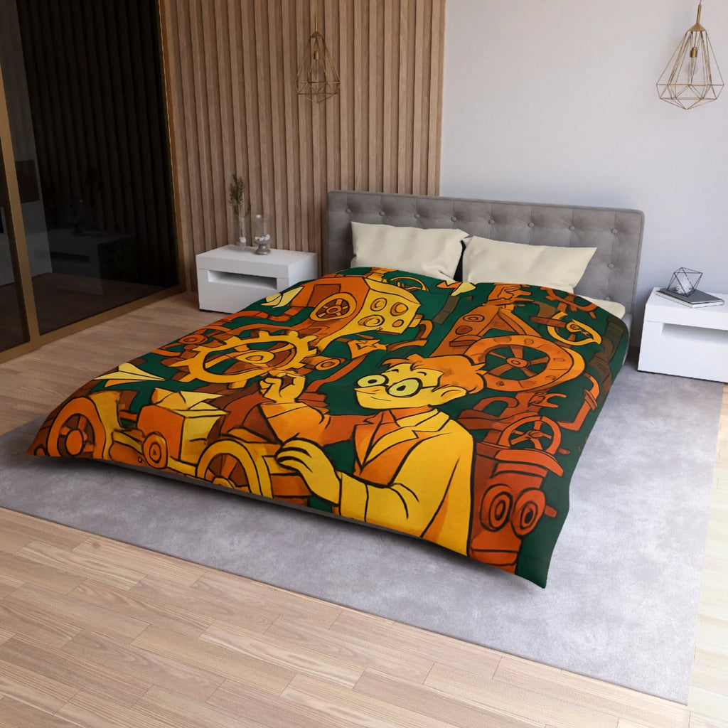 Housse de couette machine steampunk colorée avec papillons et ingénieur rêveur illustration automne