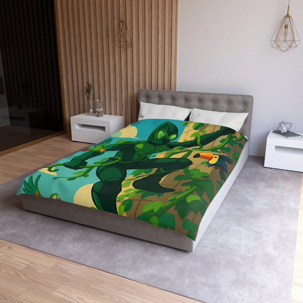 Housse de couette jungle animée avec héros vert grimpant et oiseaux colorés