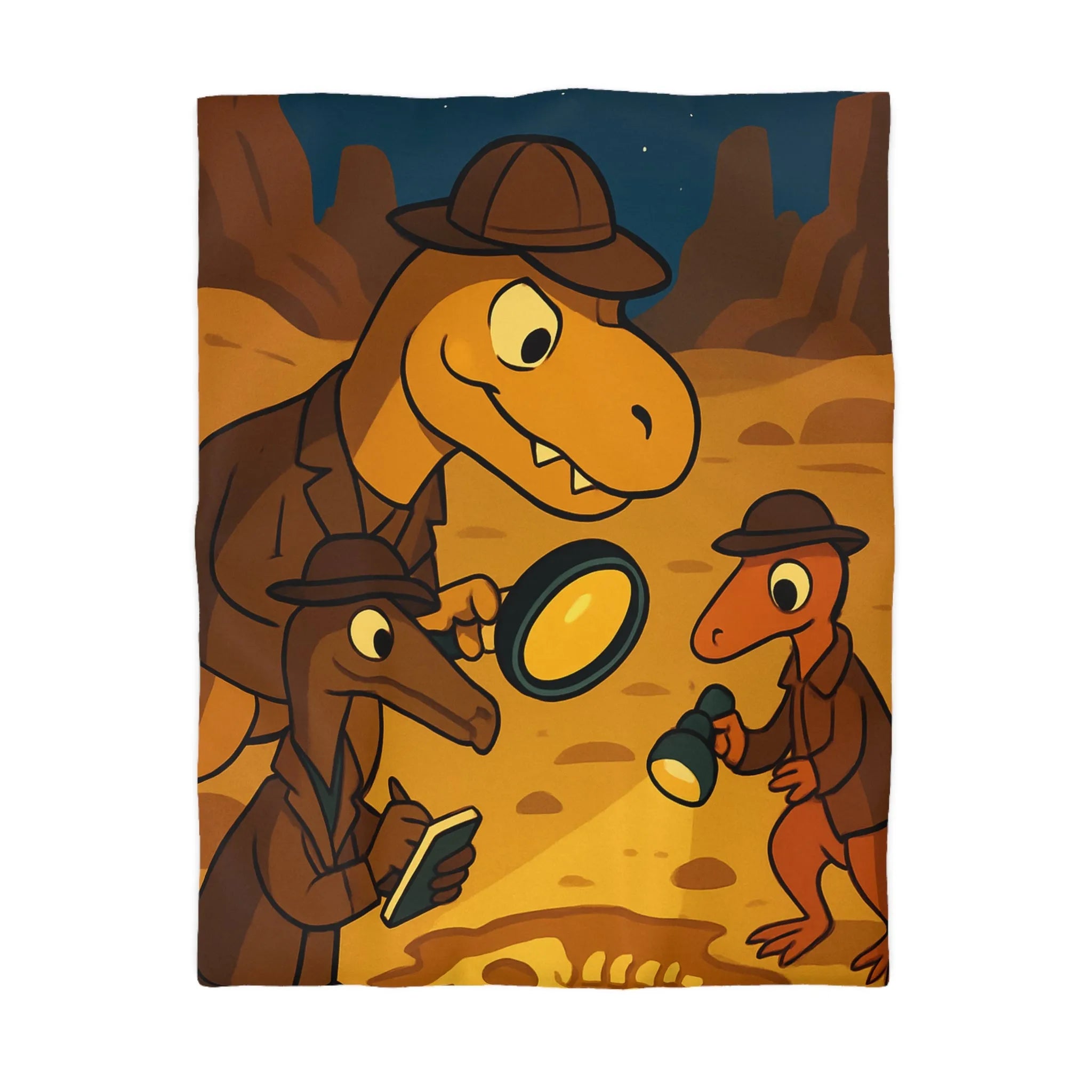 Adorables dinosaures détectives explorant des fossiles sous un ciel étoilé dans le désert