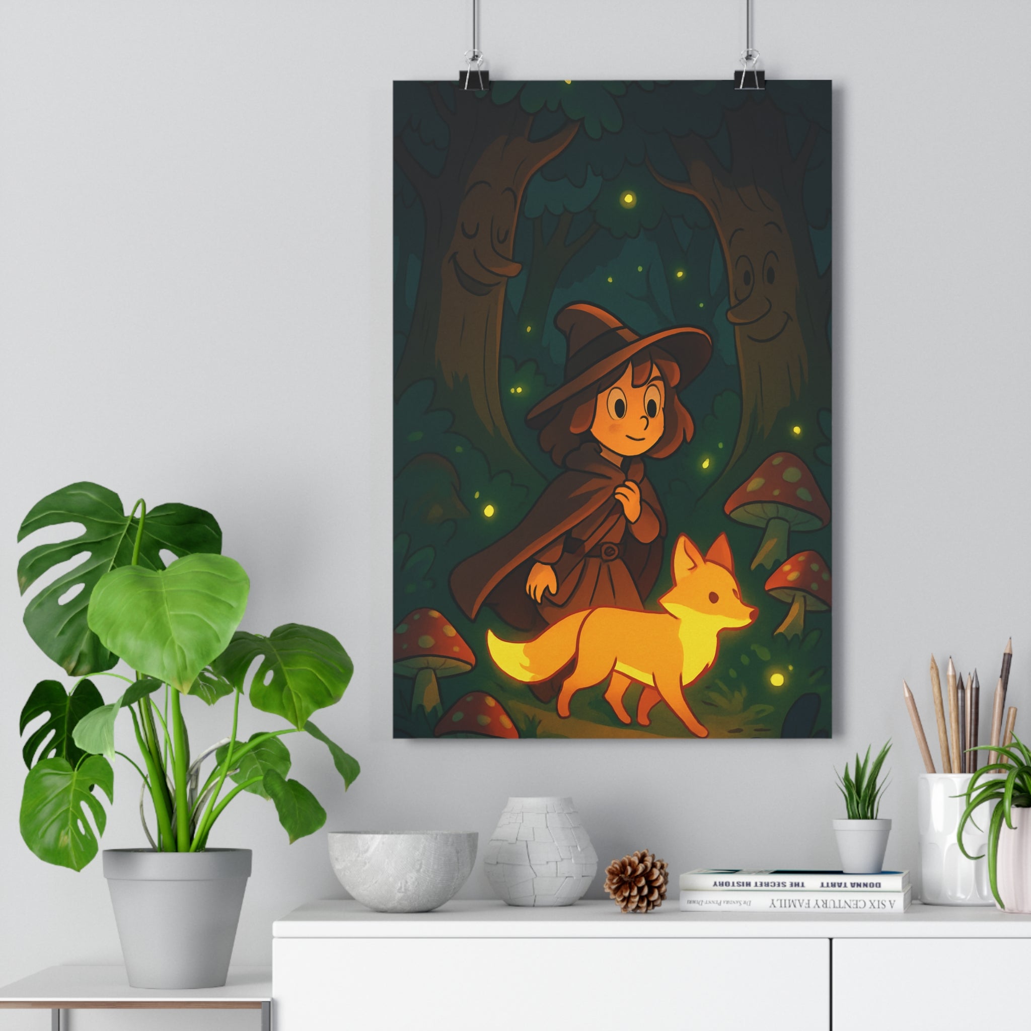 Poster décoratif féérique vert orange enchanté mystique chambre enfant ambiance magique style cartoon aventures