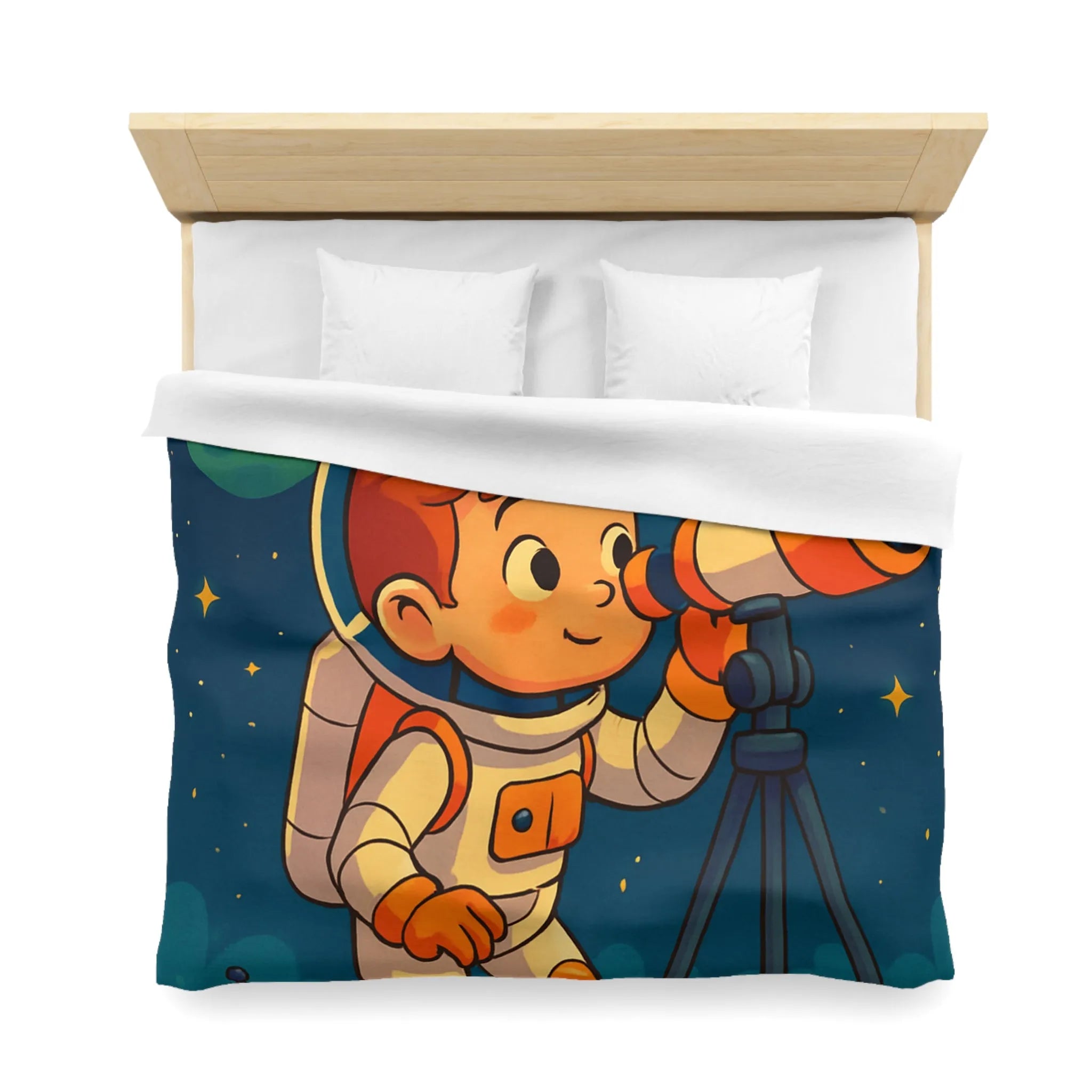 Housse couette enfant astronaute explorant planètes avec télescope carte étoilée