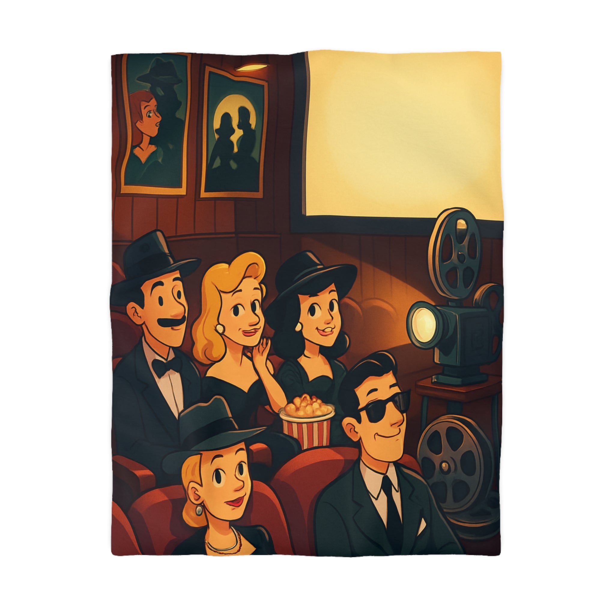 Housse de Couette Rétro Cinéma avec Scène de Spectateurs Élégants et Projecteur