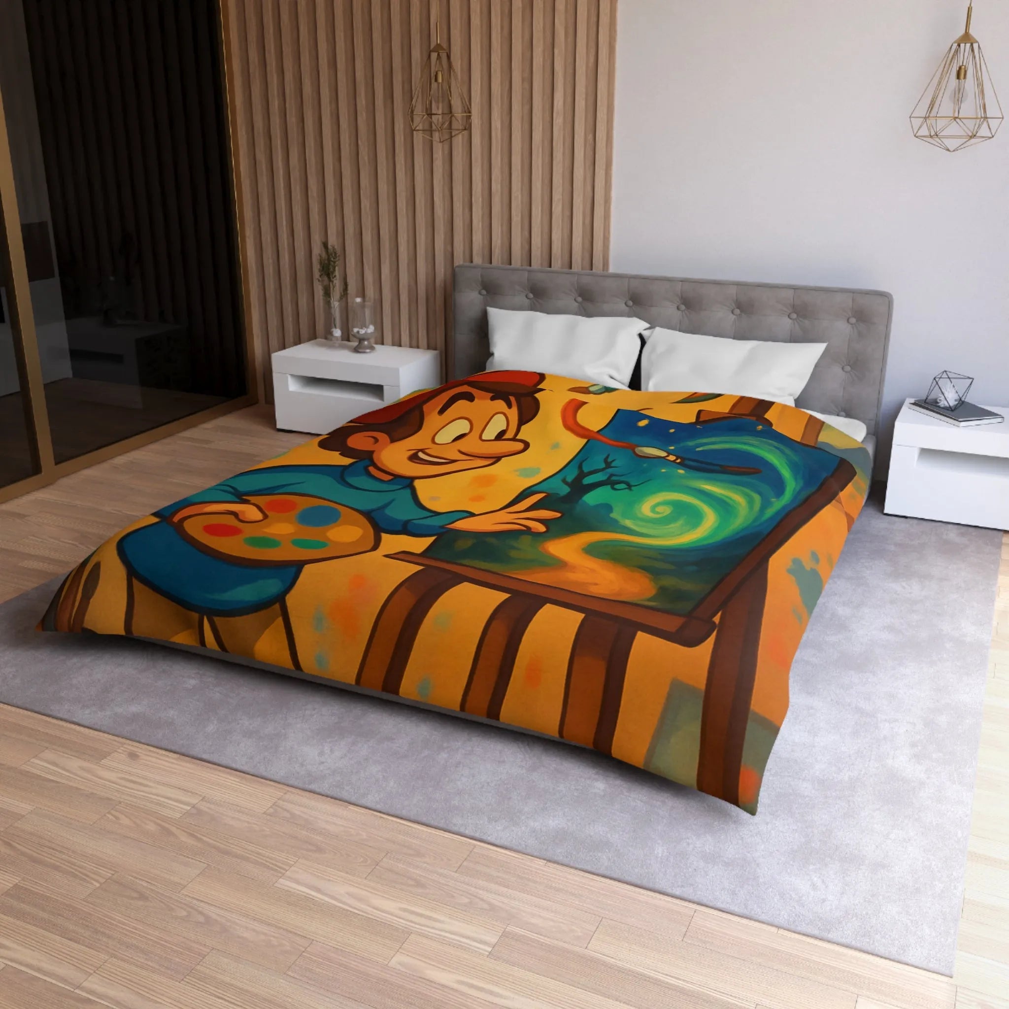 Housse de Couette Colorée avec Peintre Joyeux et Peinture Tourbillonnante Étoilée et Mystique