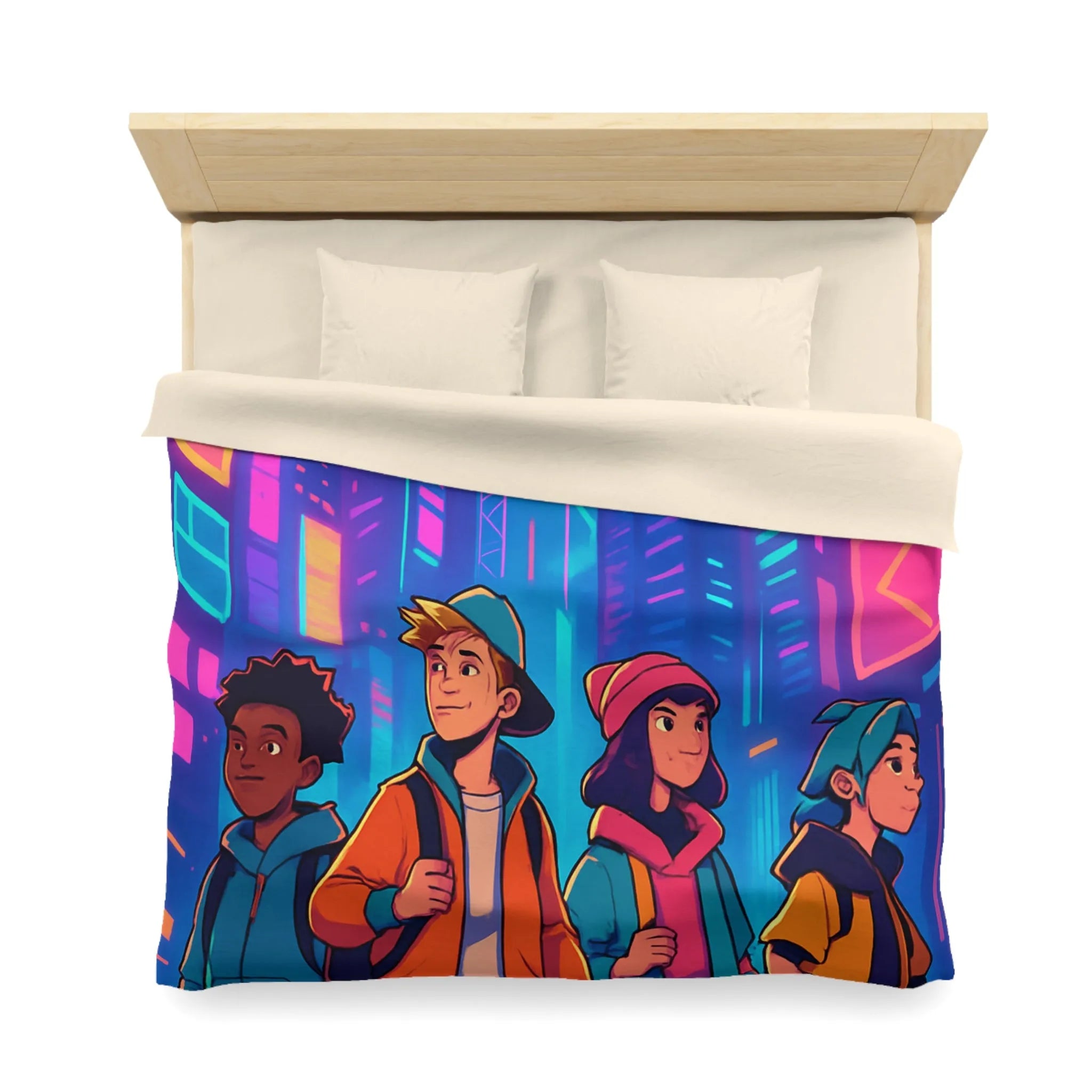 Couette Futuriste Enfants Explorateurs Style Rétro-Cyberpunk avec Néons Colorés pour Chambre Moderne