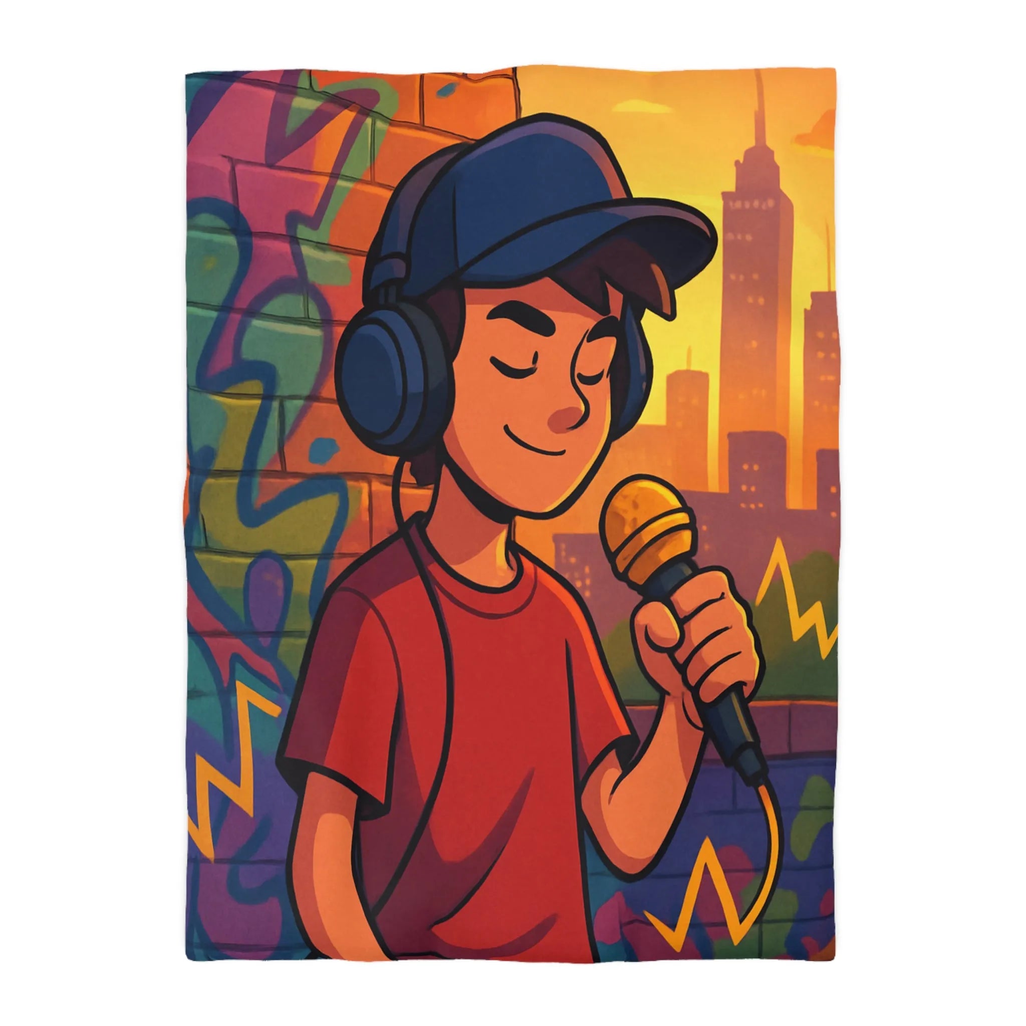 Housse de couette graphique urbaine avec chanteur et microphone sur fond coloré