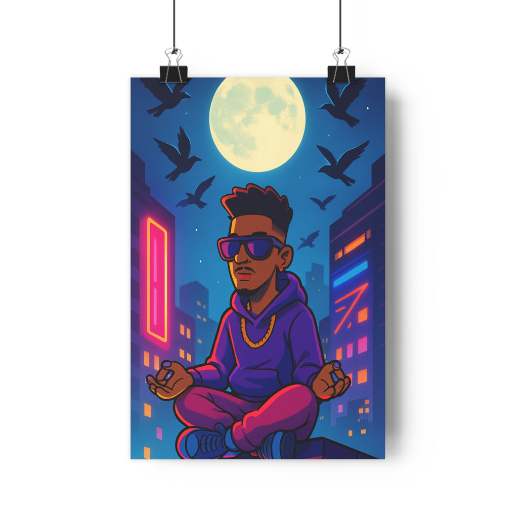 Poster décoratif cartoon personnage méditation nocturne urbain néon mystique bureau moderne cadre ambiance qualité